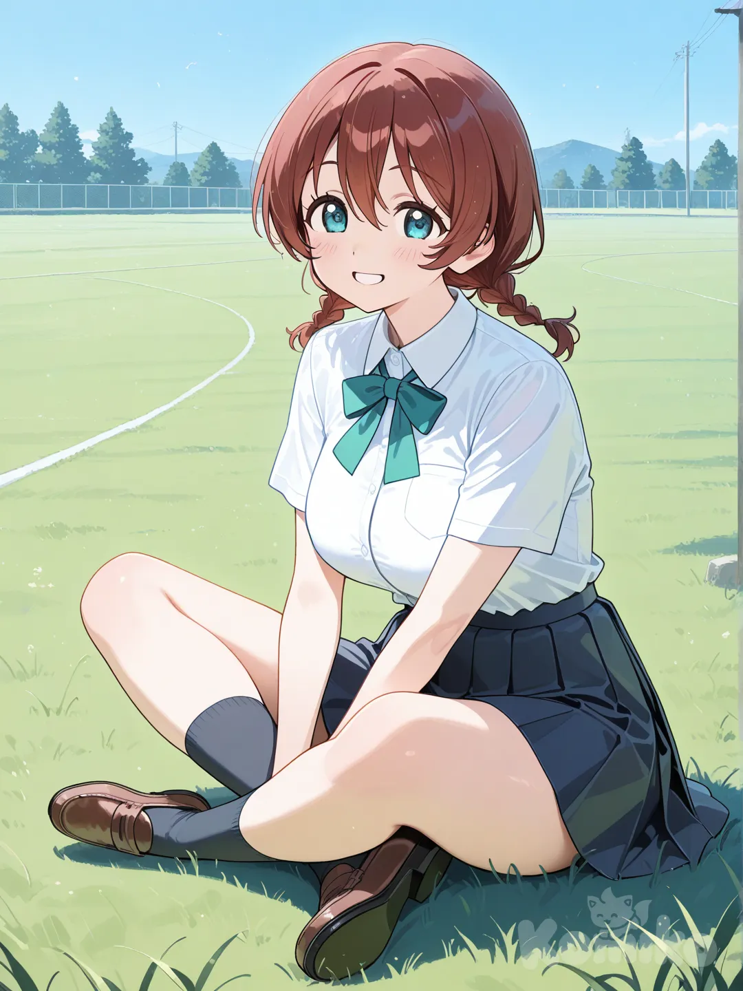 1girl, Emma Verde, full body, smile, indian style, school uniform, blue sky, sitting on the ground, short sleeves, crossed legs