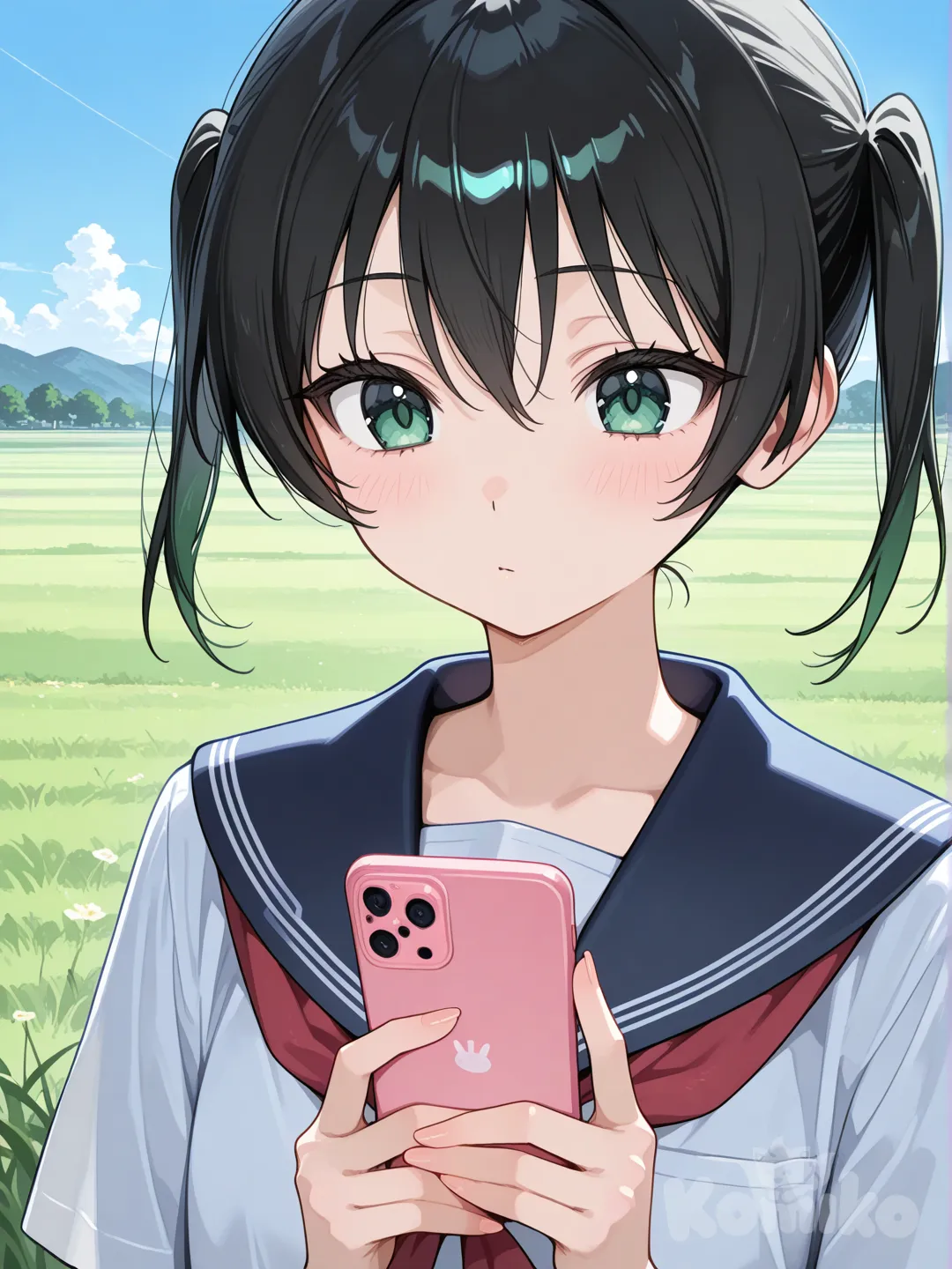 @Takasaki_Yu, 1girl, looking at phone, school uniform, portrait, blue sky, grassland