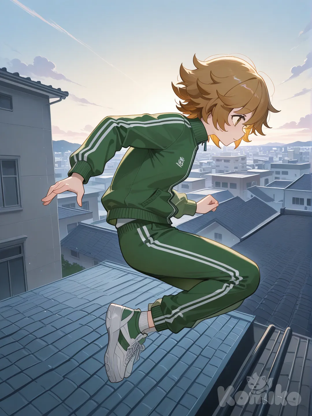 1girl, @Fujisaki_Chihiro, jumping from rooftop, tracksuit, full body
