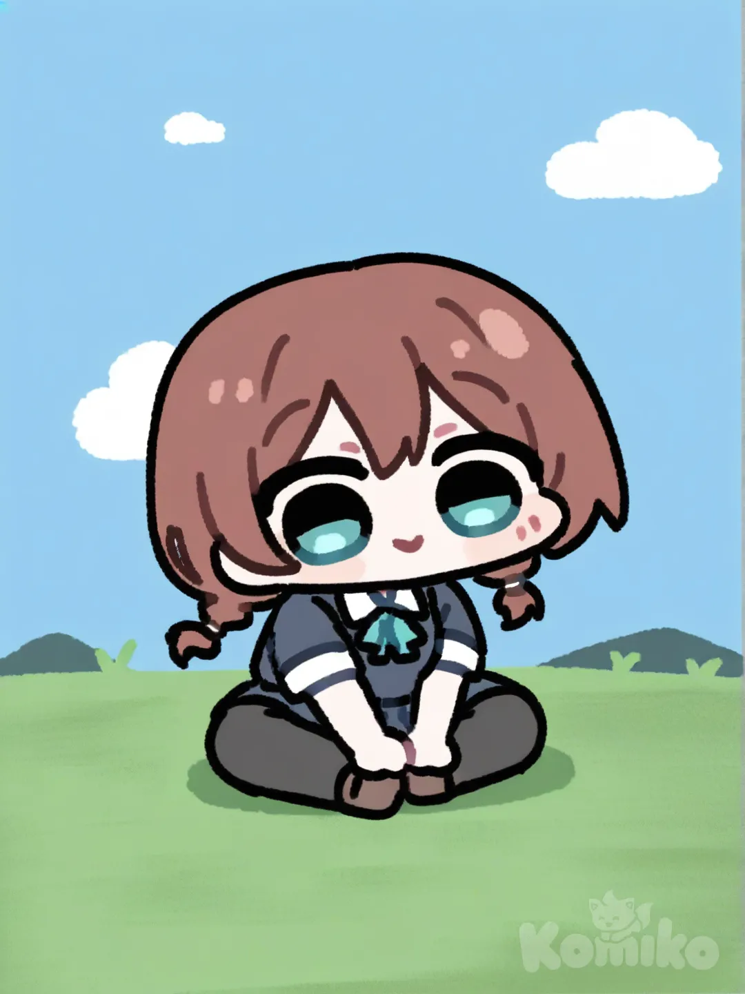 1girl, Emma Verde, smile, school uniform, full body, short sleeves, indian style, cloud, blue sky, grassland, sitting on the ground, [blocky-faced-chibi-style]