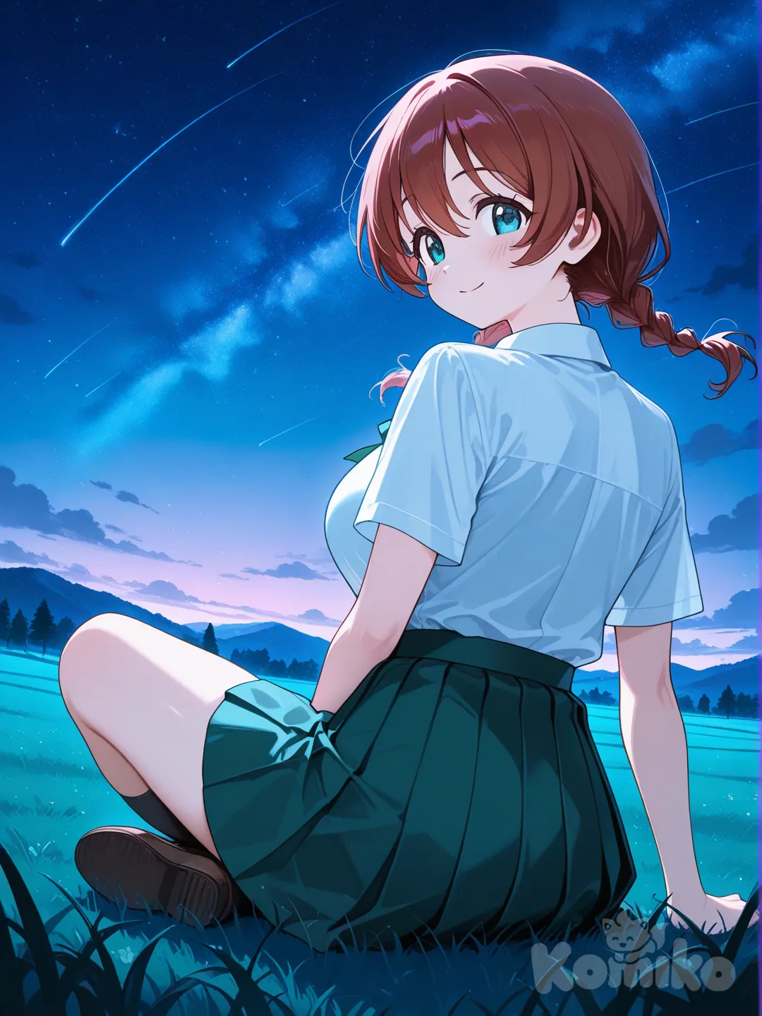 1girl, Emma Verde, sitting on the ground, school uniform, smile, full body, starry sky, grassland, indian style, facing away