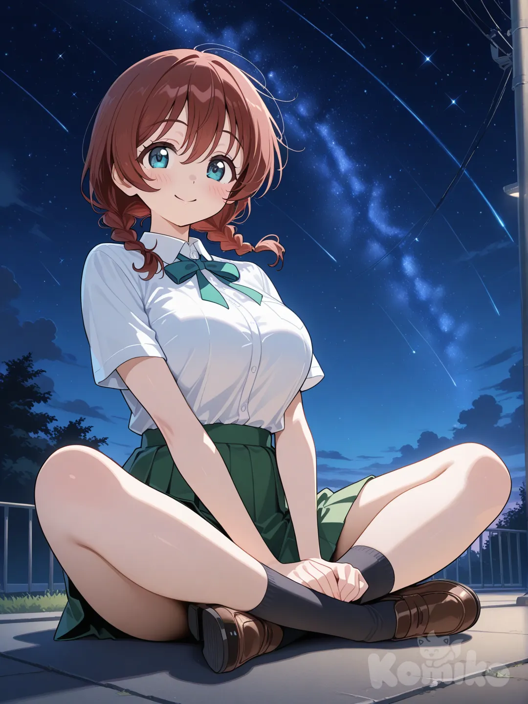 1girl, Emma Verde, school uniform, smile, full body, starry sky, indian style, sitting on the ground