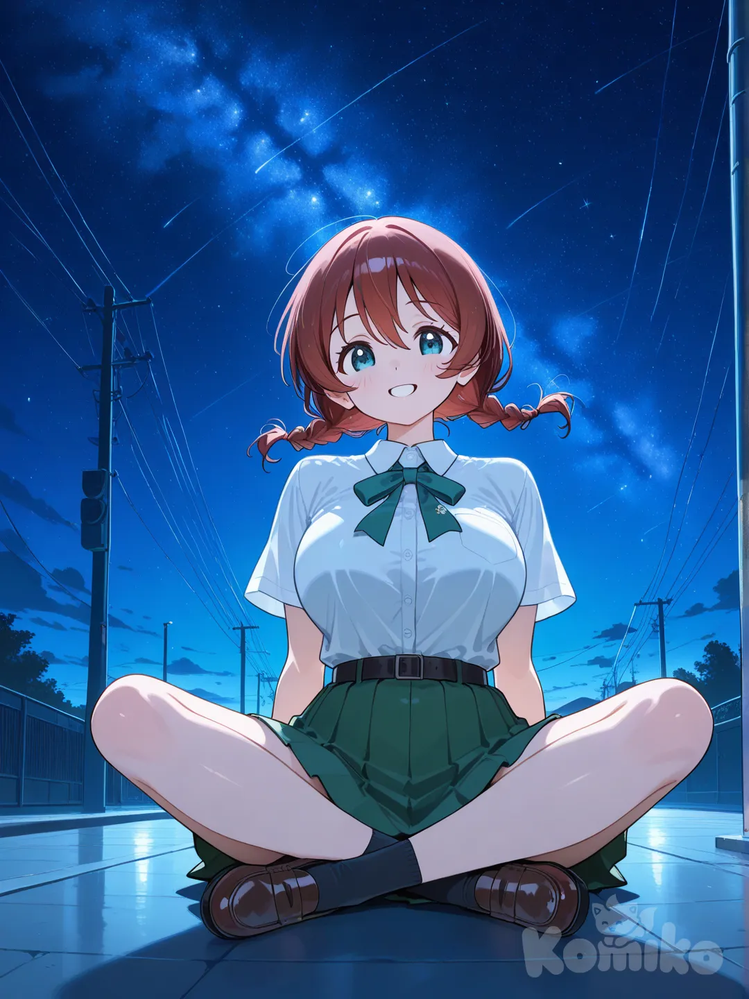 1girl, Emma Verde, school uniform, smile, full body, indian style, sitting on the ground, starry sky