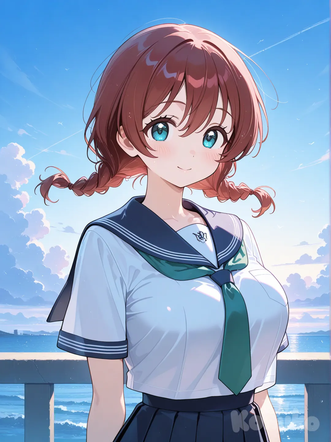 @Emma_Verde, 1girl, school uniform, blue sky, cloud, upper body