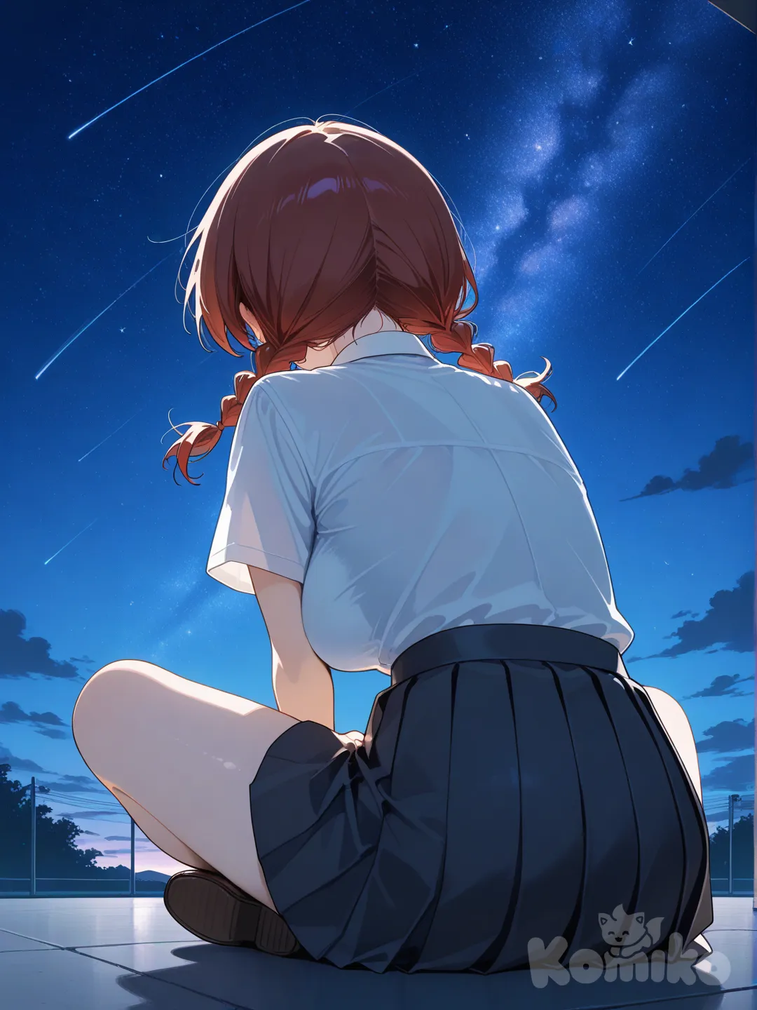 @Emma_Verde, school uniform, full body, starry sky, indian style, facing away, short sleeves, sitting on the ground