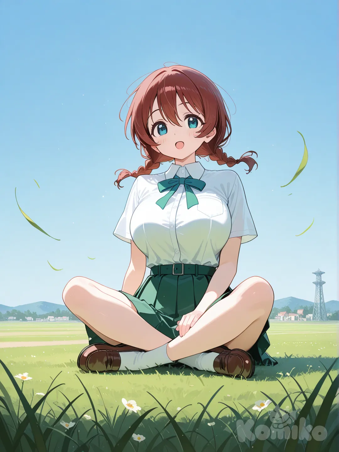 Emma Verde, school uniform, short sleeves, full body, blue sky, indian style, on grass, grassland, open mouth, sitting on the ground