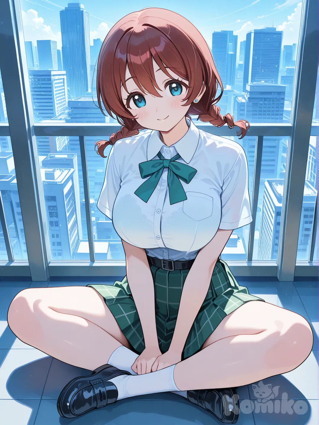Emma Verde, school uniform, short sleeves, full body, indian style, sitting on the ground, skyscraper, smile