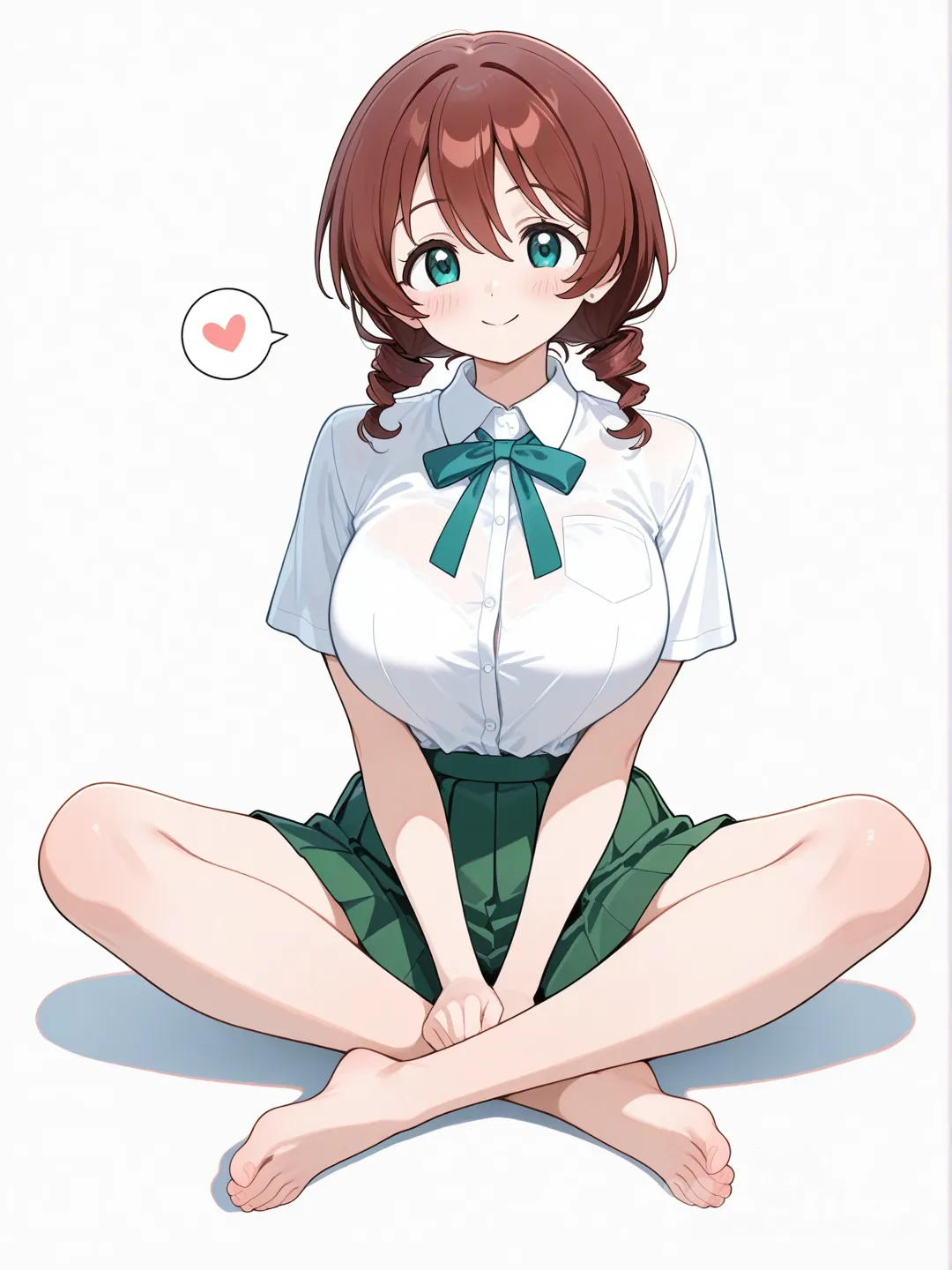 Emma Verde, sitting on the ground, smile, school uniform, full body, indian style, short sleeves, clean background