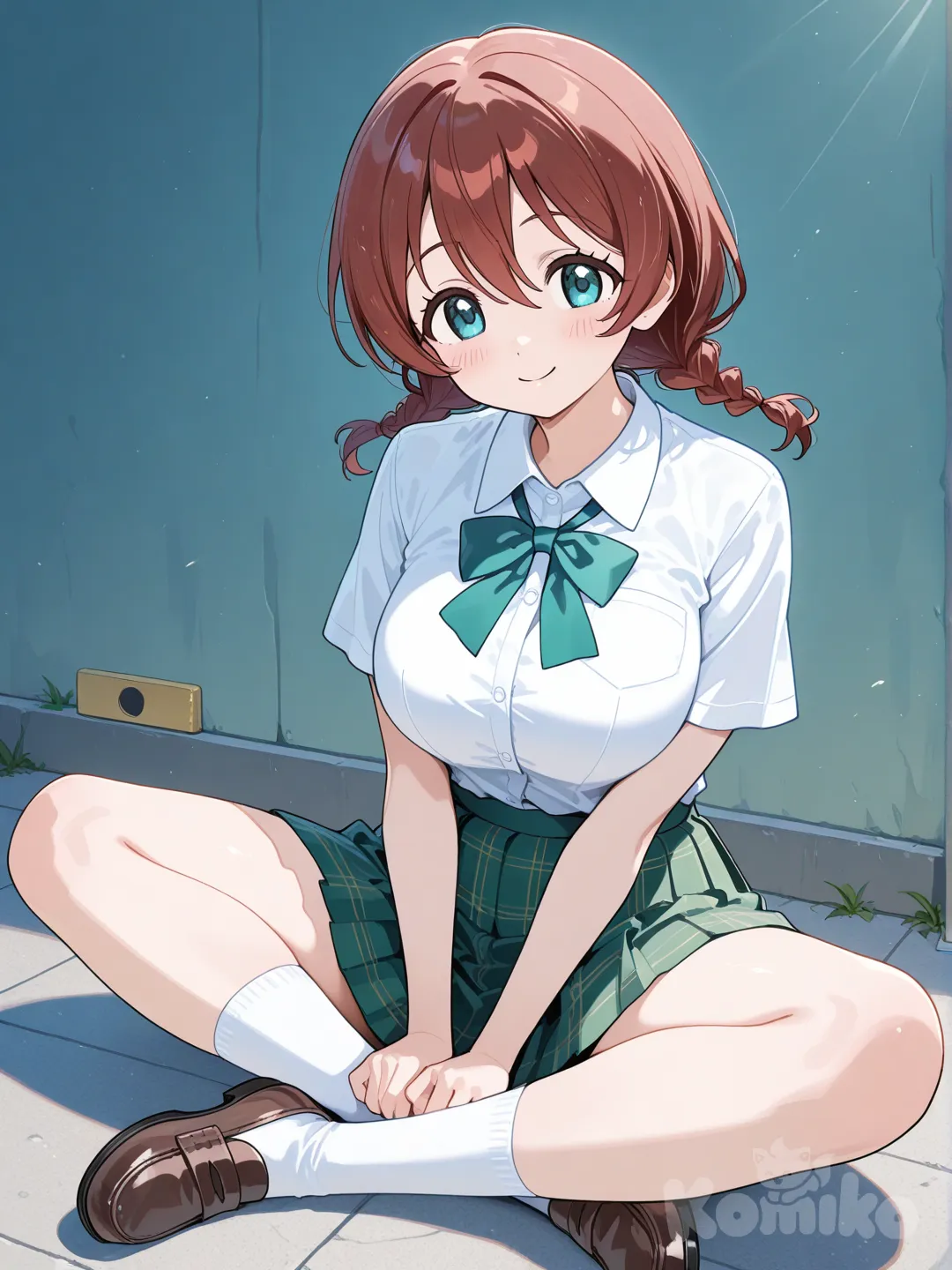 Emma Verde, sitting on the ground, smile, school uniform, full body, indian style, short sleeves