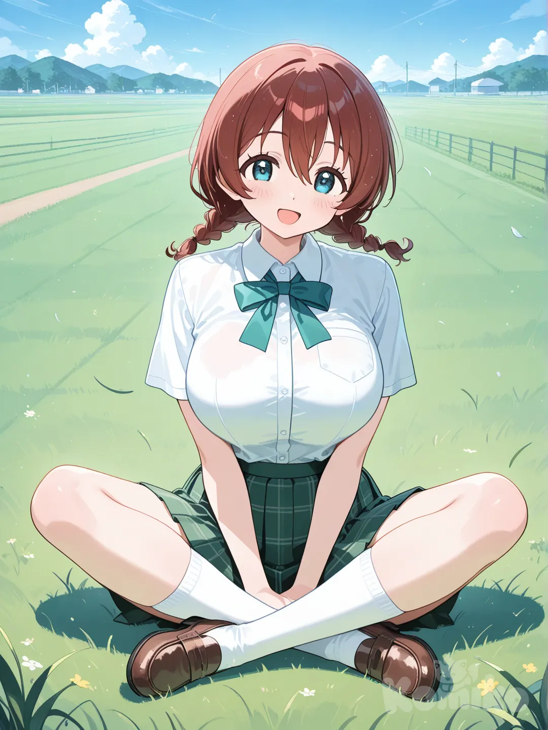 @Emma_Verde, smile, open mouth, school uniform, full body, blue sky, grassland, indian style