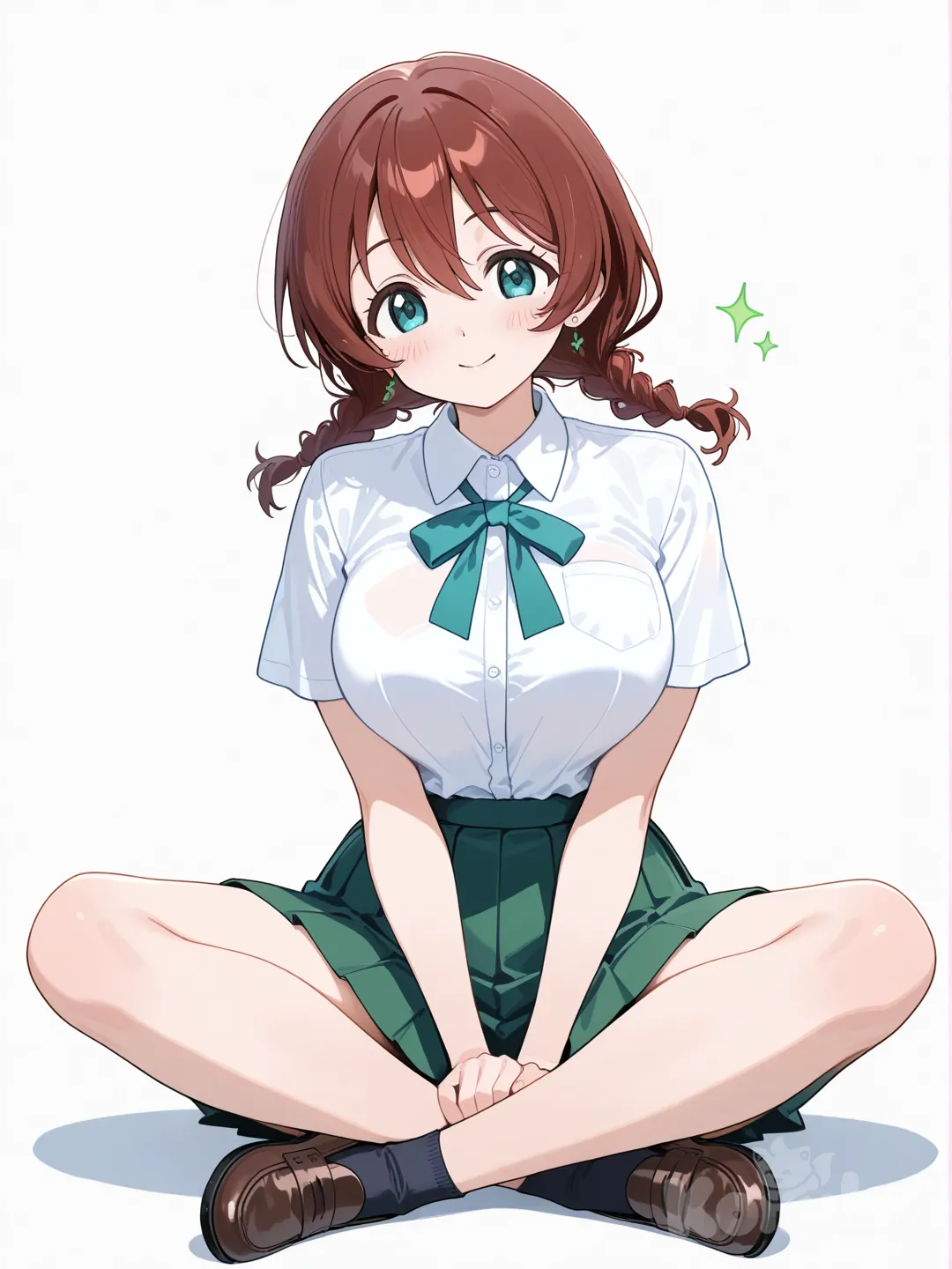 1girl, Emma Verde, sitting, full body, smile, indian style, school uniform, white background