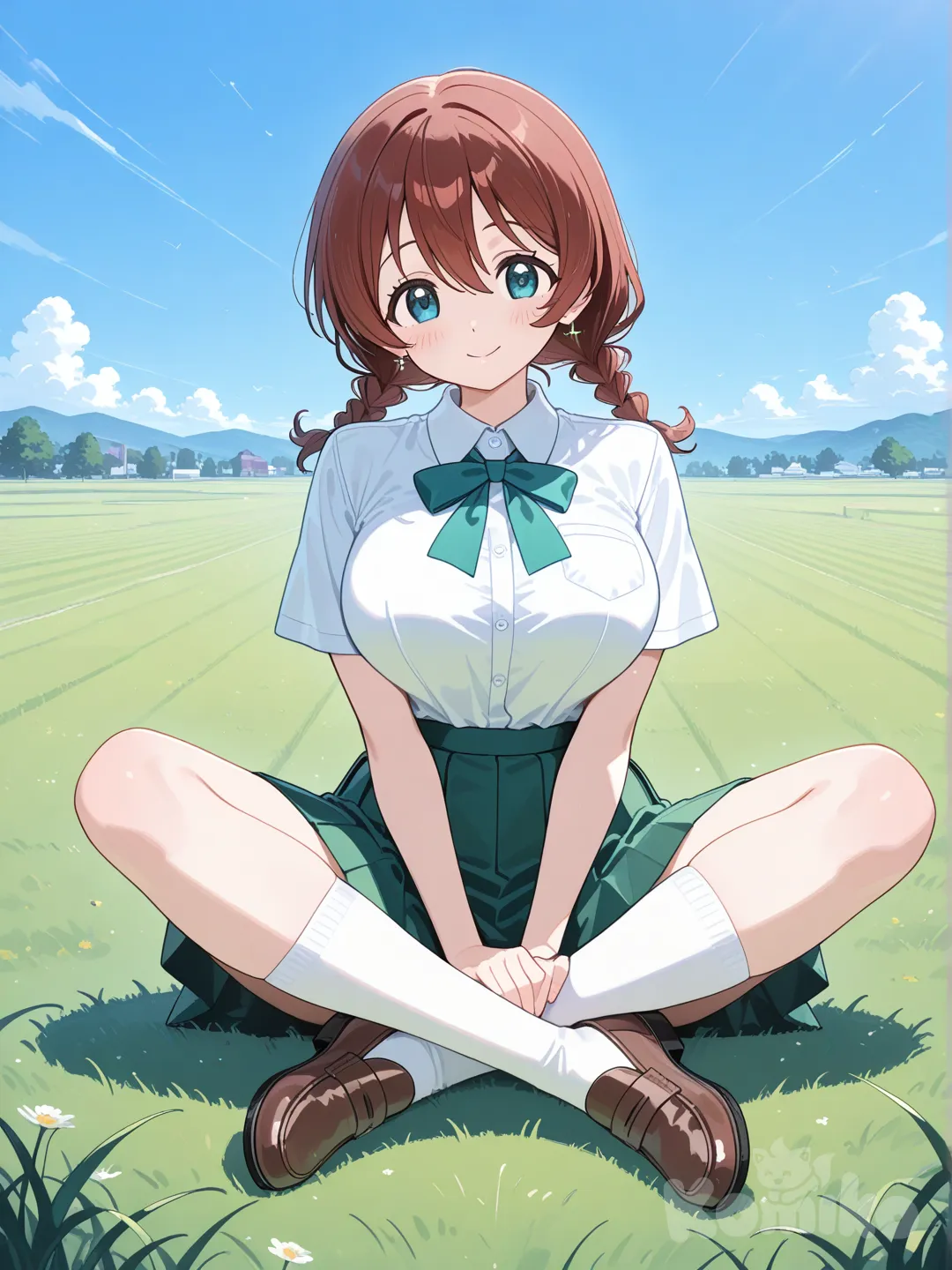 Emma Verde, school uniform, full body, sitting, indian style, blue sky, grassland