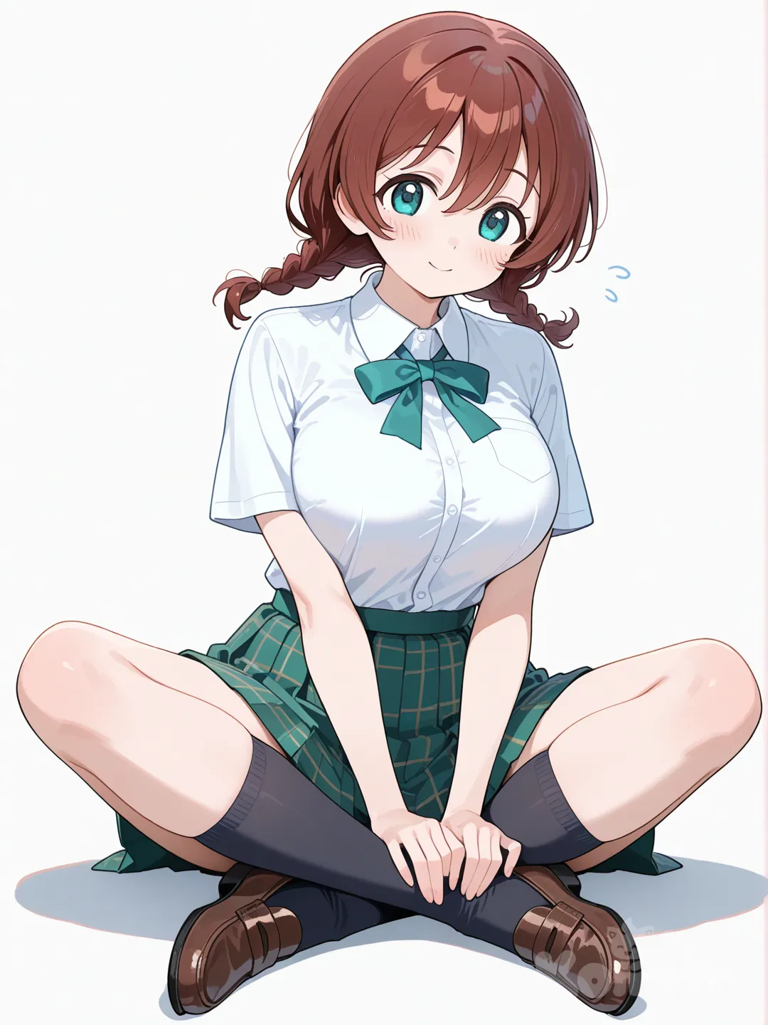 Emma Verde, school uniform, full body, sitting, indian style, white background