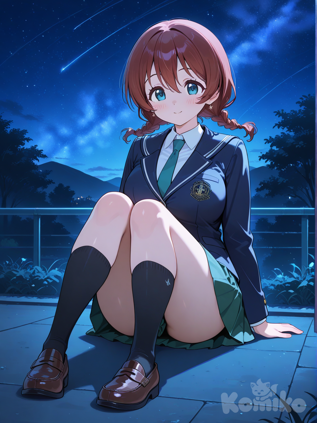 @Emma_Verde, sitting on the ground, school uniform, full body, starry sky