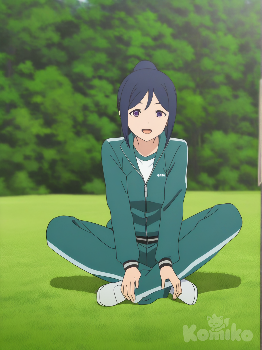 Matsuura Kanan, 1girl, flat anime style, Sitting in the Ground, Indian Style, Smile, Open Mouth, Full Body, Tracksuit,