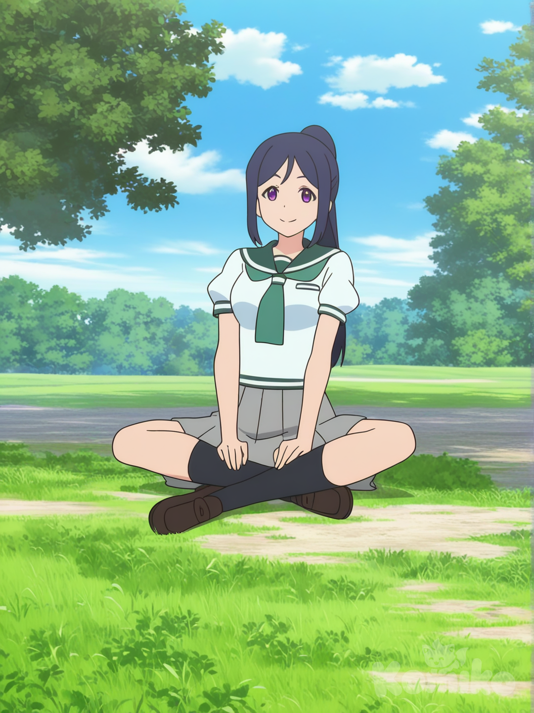 Matsuura Kanan, flat anime style, sitting, Indian style,