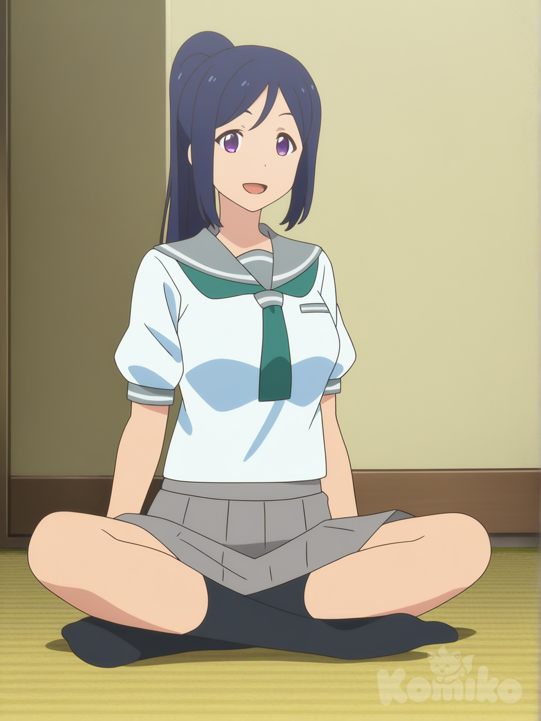 Matsuura Kanan, 1girl, [flat-anime-style], school uniform, indian style, full body, sitting,
