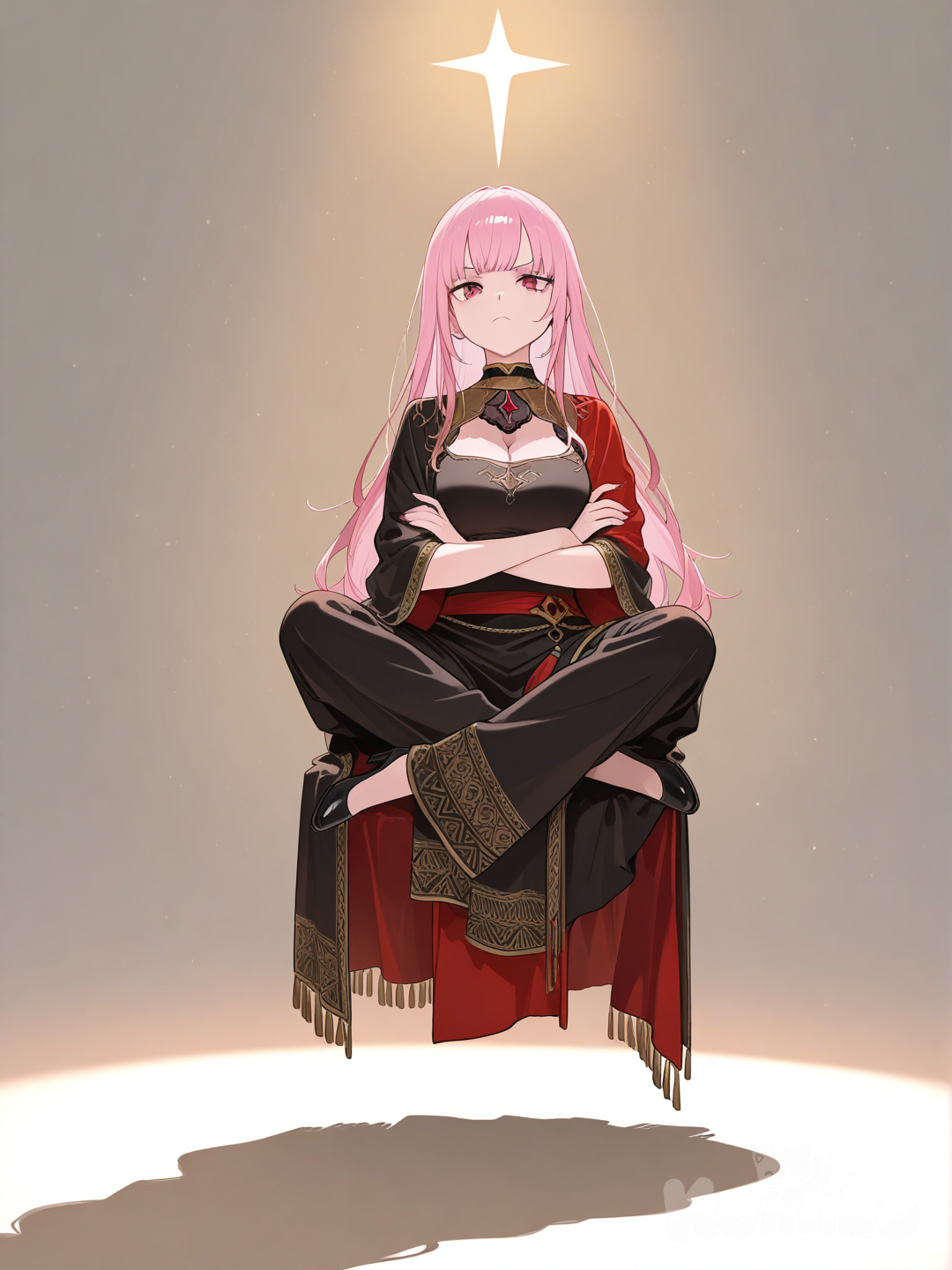 Mori Calliope, sitting cross-legged, floating, Indian style, full body,