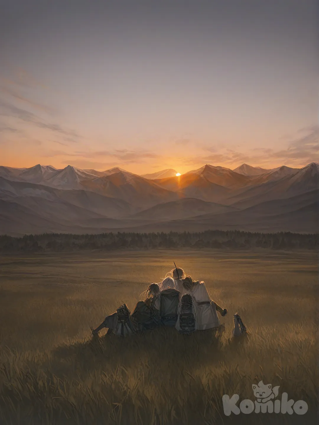 A group of fantasy adventurers sitting together on a hill at sunset. Overlooking the wilderness in front of them. Looking away from camera., [soft-light-illustration-style]