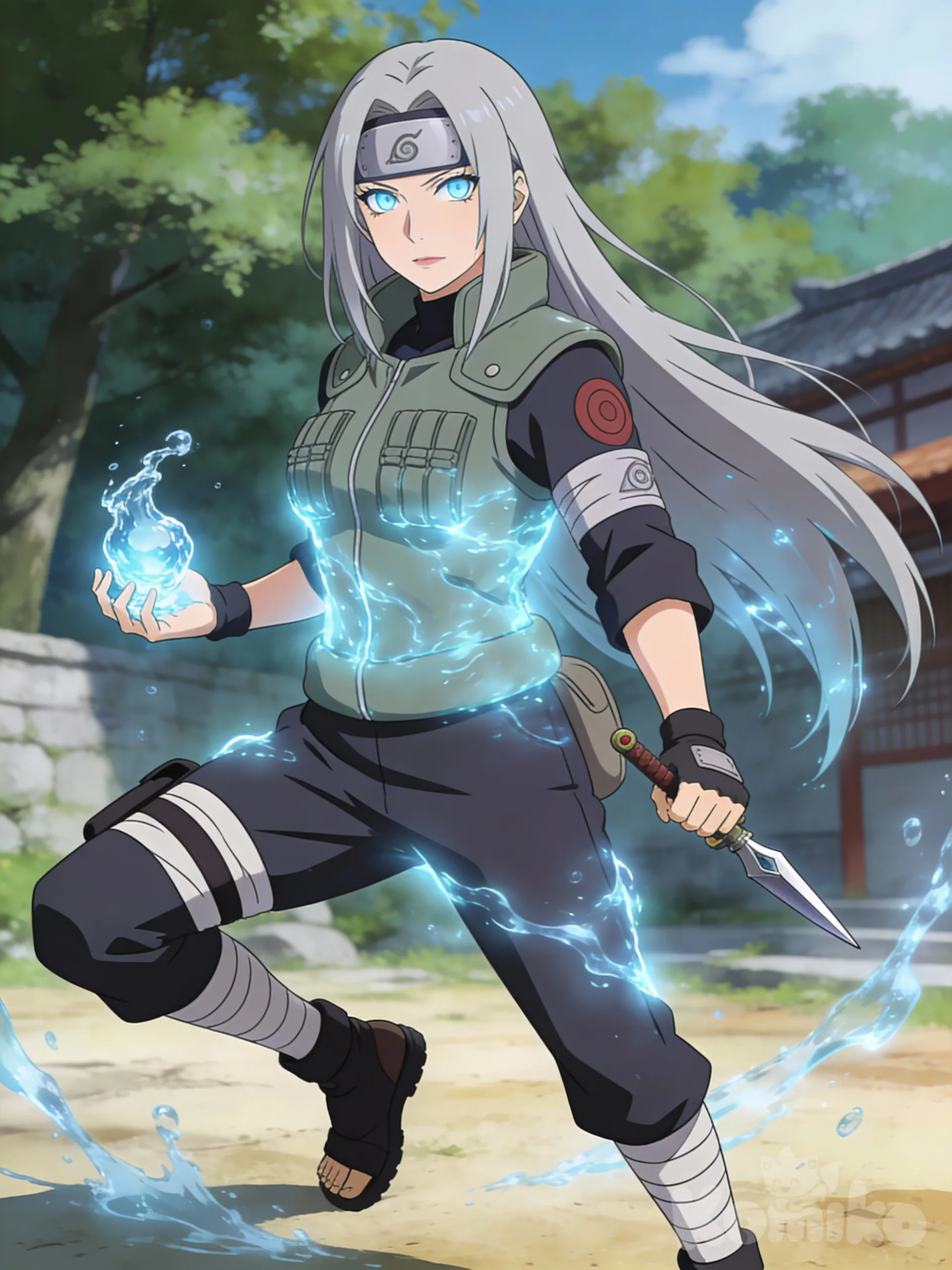 Minha oc para o anime Naruto, Hana Hatake 30 anos mulher cabelos cinza claro olhos azuis claros pele clara , ninja médica Jounin , usuária do estilo água , usa uniforme Jounin