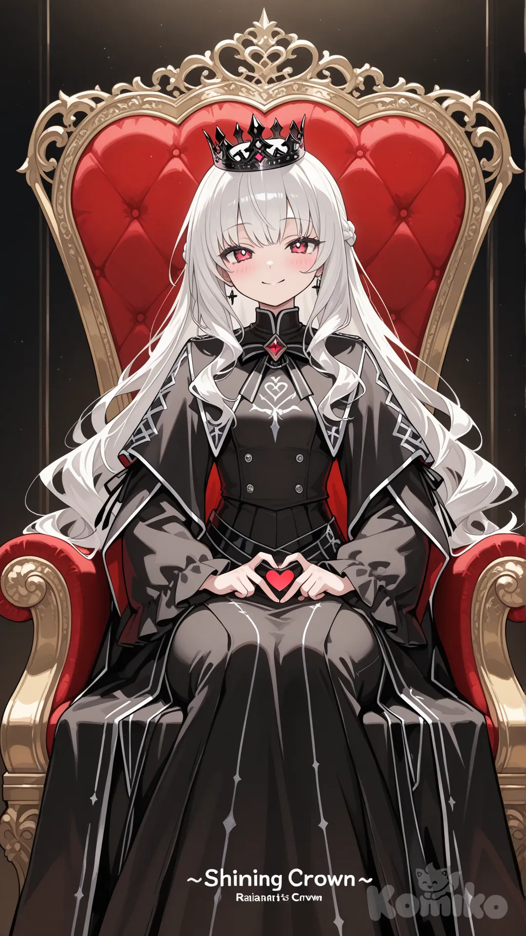 chica, sentada en trono, corona brillante, ropa blanca y negra, figuras de corazón, saludando, sonrisa radiante