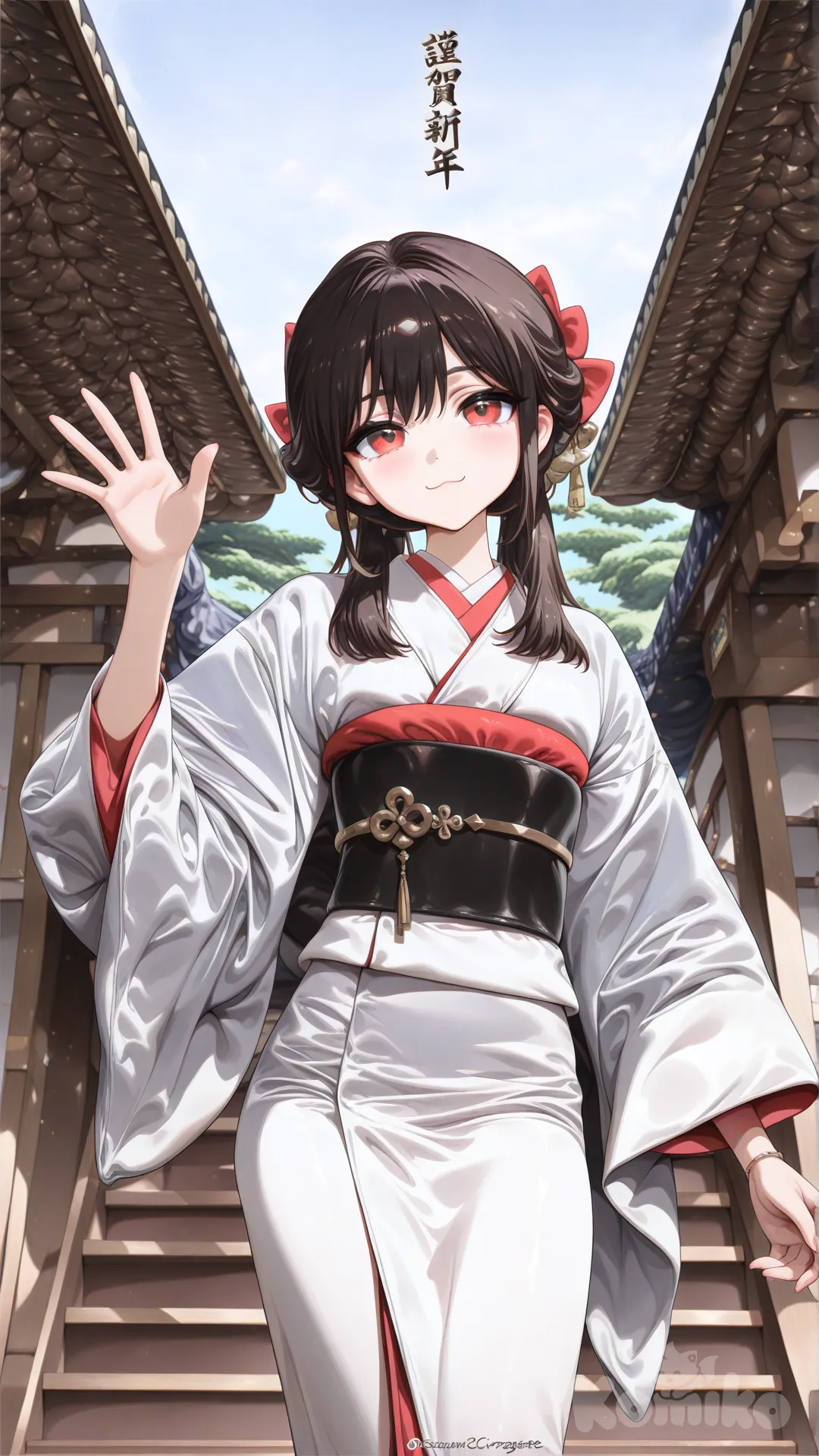 1girl, [high-gloss-illustration-style], white kimono, waving,