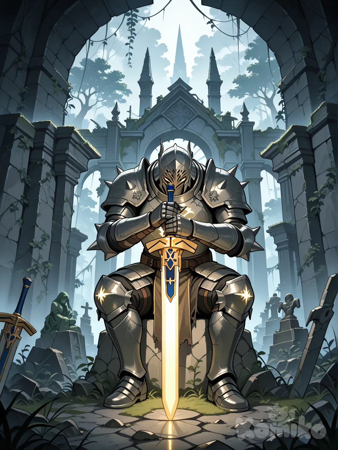 Faça uma espada sagrada preza na pedra como a escalibor no meio de ruínas abandonadas com estátuas de guerreiro antigos a guardando com vegetação ao redor