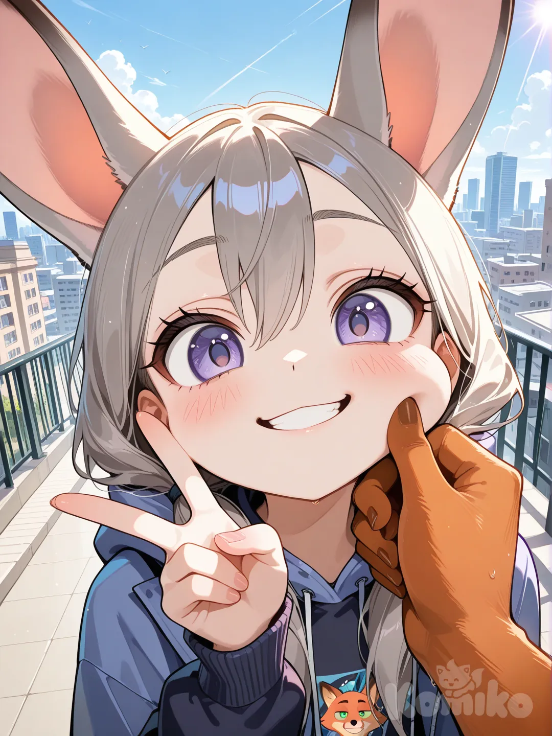 Nick Wilde, smile, face pinching, Judy Hopps, v sign, blush, upper body, day, cityscape