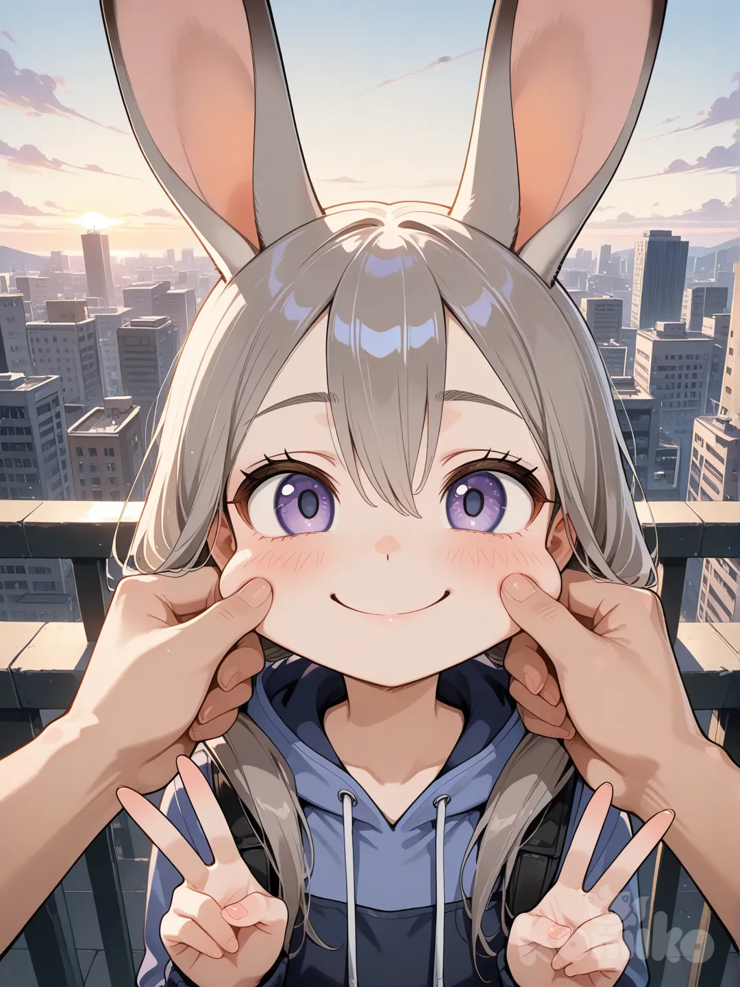 Nick Wilde, smile, face pinching, Judy Hopps, v sign, blush, upper body, day, cityscape