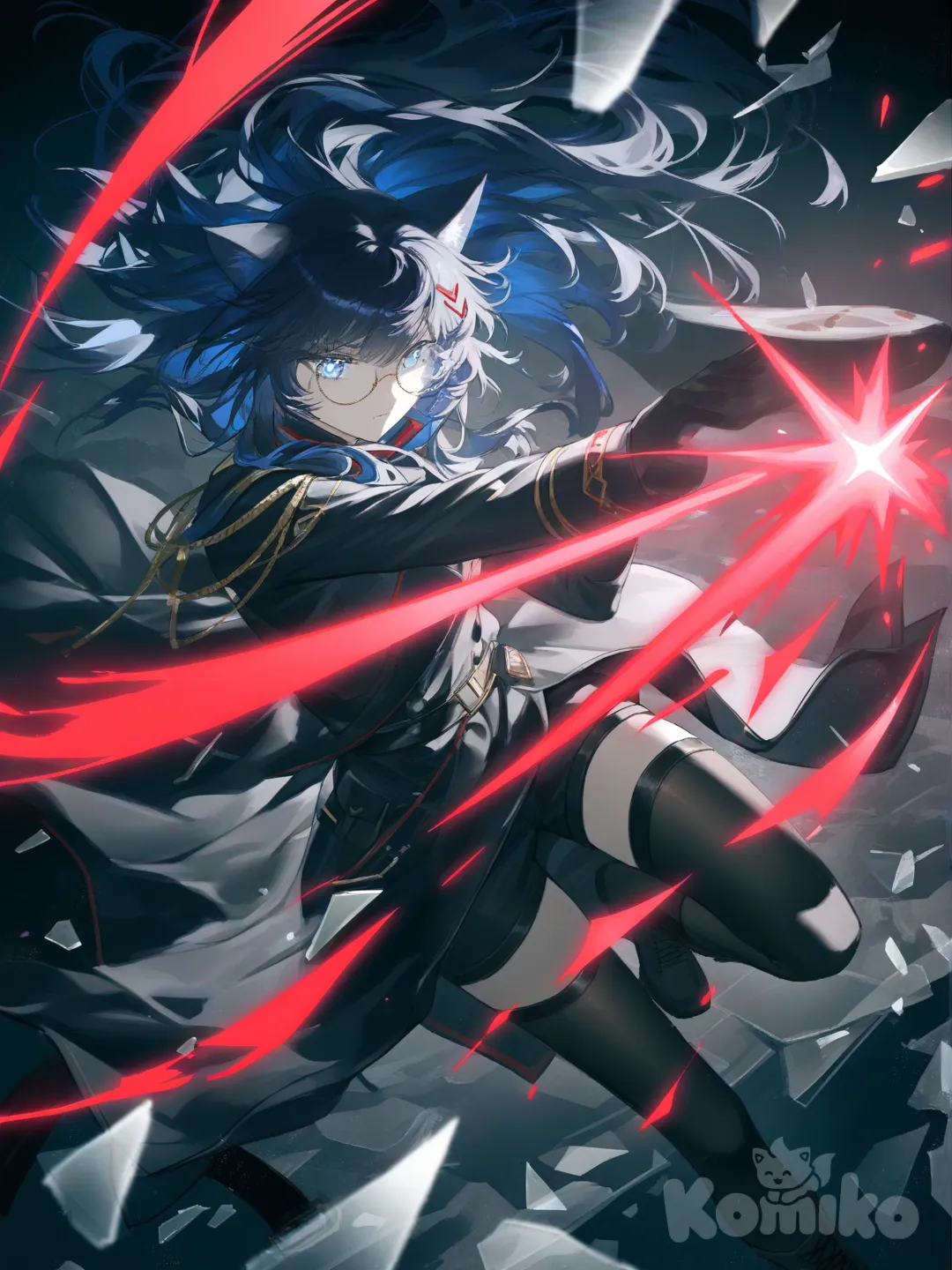 [moody-glow-style] anime style, dynamic action pose, young female warrior, long dark blue hair, pastel hair highlights, blue eyes, sparkling eyes, round cute eyewear, cat ears, pale skin, wearing dark military-style outfit with flowing black coat, thigh-high stockings, combat boots, red energy slashes surrounding her, shattered glass effect, dramatic motion blur, cinematic lighting, dark red and black color palette, intense atmosphere, mid-air kick pose, high detail, ultra sharp, fantasy action illustration, wide angle, epic scene