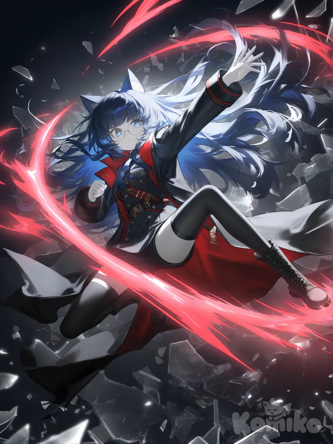 [moody-glow-style] anime style, dynamic action pose, young female warrior, long dark blue hair, pastel hair highlights, blue eyes, sparkling eyes, round cute eyewear, cat ears, pale skin, wearing dark military-style outfit with flowing black coat, thigh-high stockings, combat boots, red energy slashes surrounding her, shattered glass effect, dramatic motion blur, cinematic lighting, dark red and black color palette, intense atmosphere, mid-air kick pose, high detail, ultra sharp, fantasy action illustration, wide angle, epic scene
