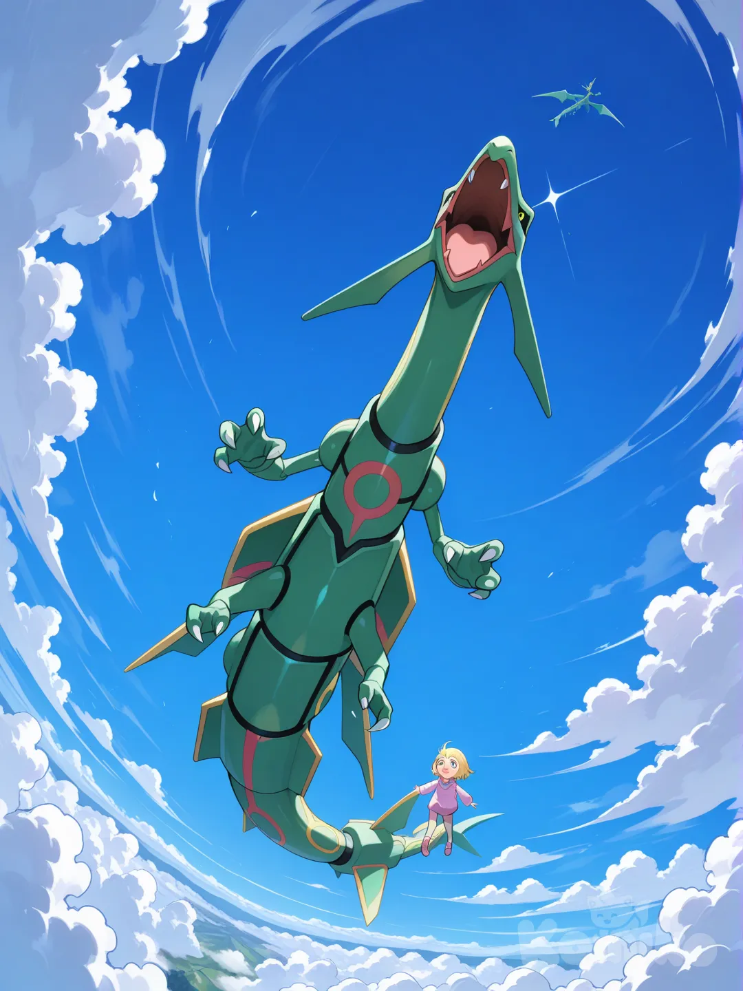 Pokémon o raiquaza o pokémon lendário que voa sobre os seus faça ela voando sobre as nuvens com uma garotinha vendo esse enorme dragão lendário voando sobre os seus azuis