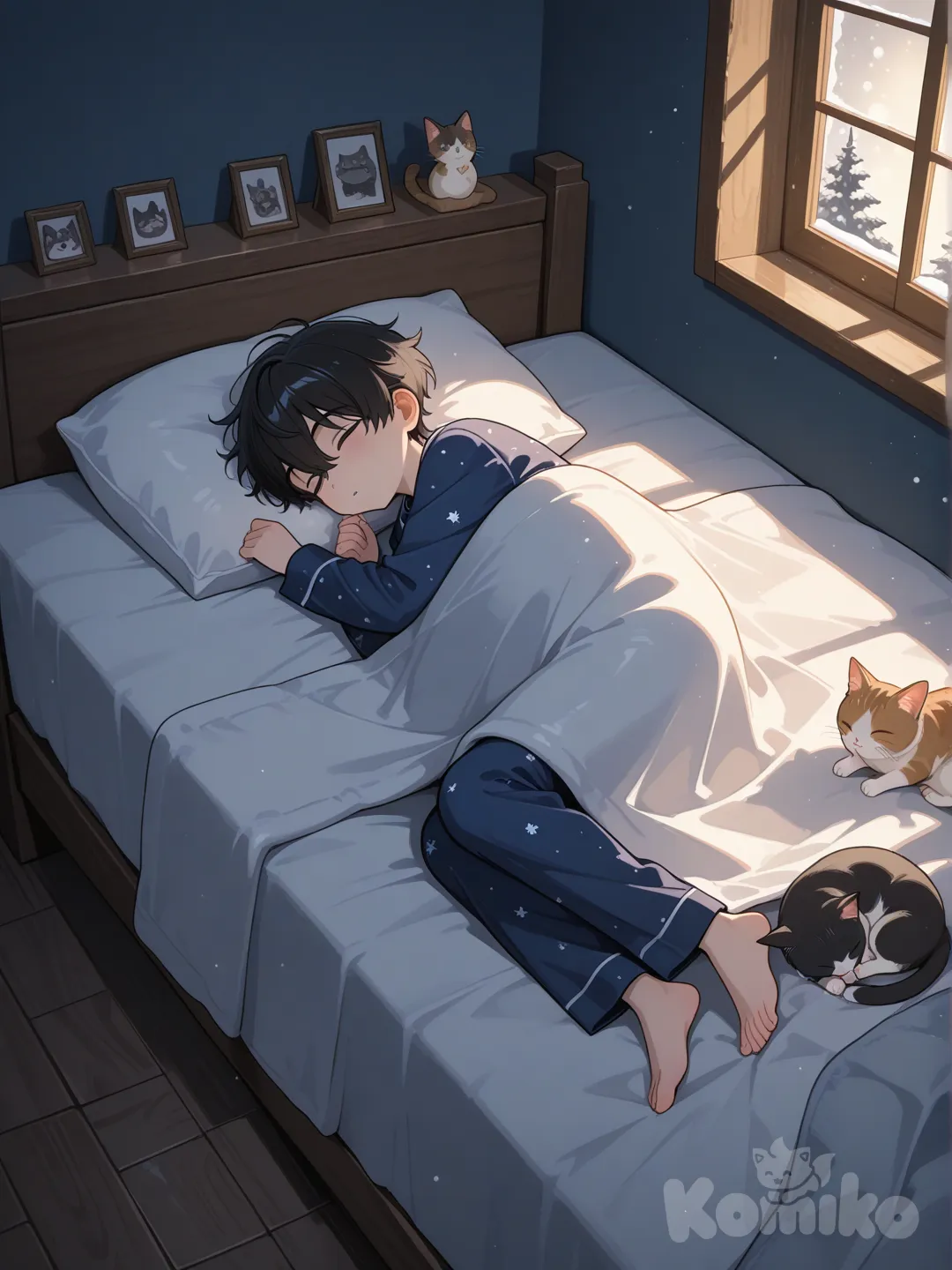 เด็กชาย นอนอยู่ในห้องคนเดียวทำกลางฤดูหนาวกับแมวตัวหนึ่งในห้องของเขา