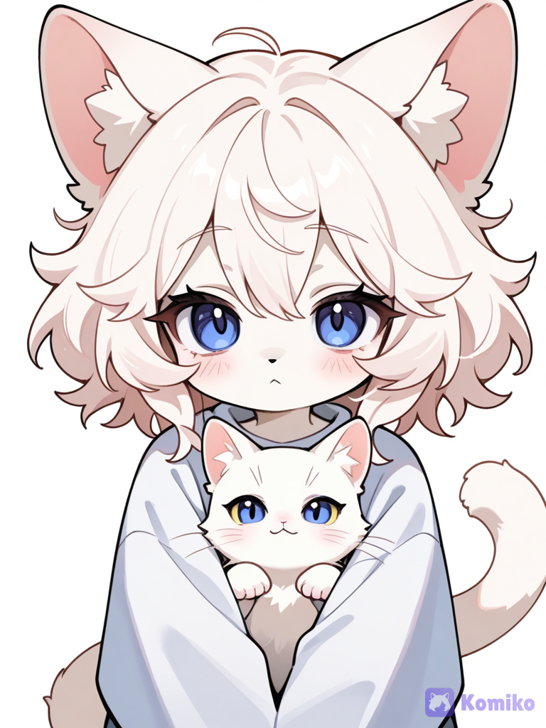 White cat with fluffy hair and long tail and adorable face