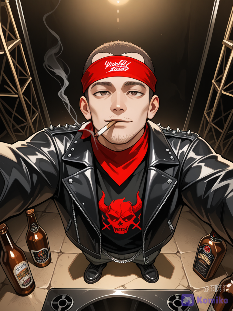 1boy, solo, 25 years old, metalhead, metaller, slight stubble, брюнет, hazel eyes, почти лысый, лысеющий, cigarette in mouth, smoking, holding beer, studded jacket, bloody band print on shirt, pants with chain, grinder boots, black clothing, blood-red print bandana, headband, underground rock club, dim lighting, grungy atmosphere, live music venue, reality