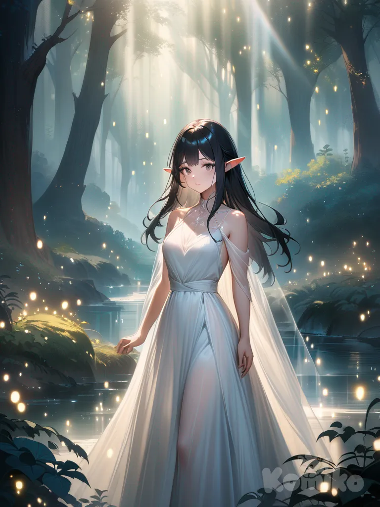 Obra maestra, de la mejor calidad, ilustración detallada, hermosa elfa de cabello negro largo, de pie con gracia en un bosque encantado, usando un vestido blanco fluido con tela suave y translúcida y un escote elegante, rodeada de luciérnagas brillantes y rayos de luz entre la niebla, atmósfera etérea, aura mágica, estilo de arte fantástico, pintura digital,animé
