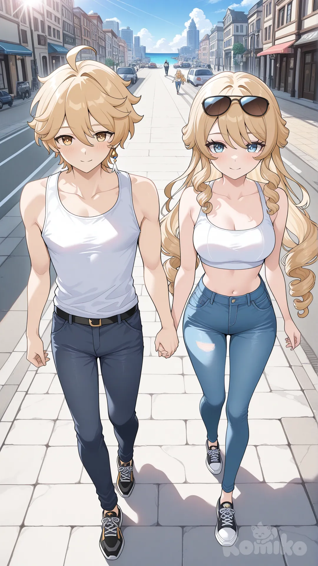 Navia (Genshin Impact) , @Aether_(Genshin_Impact) 

now she is Aether wife

 # upper body (Focus on the upper body, from the waist up.)

#looking at viewer #full body#, up view , #full body ,from above , day , funny , relaxed, anime style , 

#cool post

,white Thin Cropped tank top , jeans , black running shoes , sun glasses

relax , Taking a stroll, walking on a sidewalk , on a moring sunnyday , in the sreet in capital city , It has a view of the sea and beach as a backdrop

They were walking together like a couple.