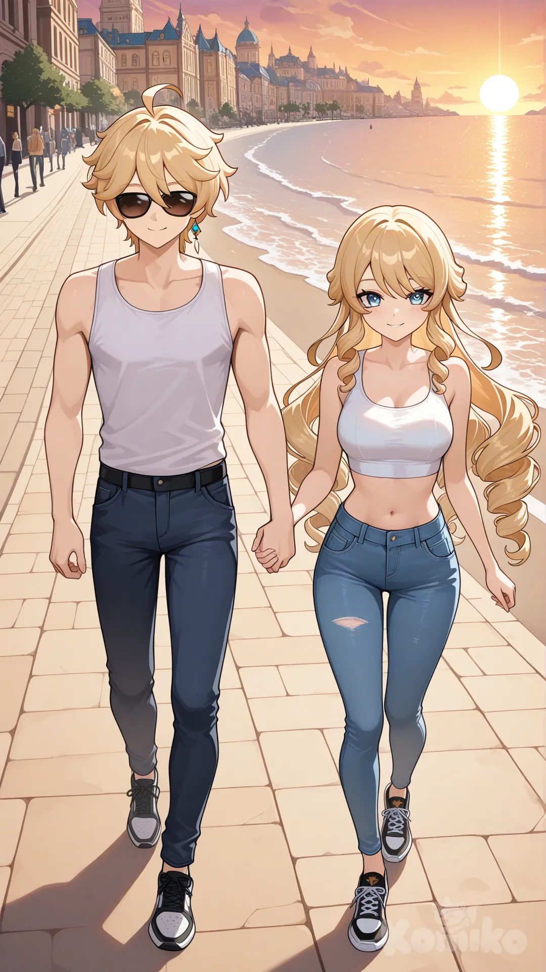 Navia (Genshin Impact) , @Aether_(Genshin_Impact) 

now she is Aether wife

 # upper body (Focus on the upper body, from the waist up.)

#looking at viewer #full body#, up view , #full body ,from above , day , funny , relaxed, anime style , 

#cool post

,white Thin Cropped tank top , jeans , black running shoes , sun glasses

relax , Taking a stroll, walking on a sidewalk , on a eveing sunnyday , in the sreet in capital city , It has a view of the sea and beach as a backdrop

They were walking together like a couple.