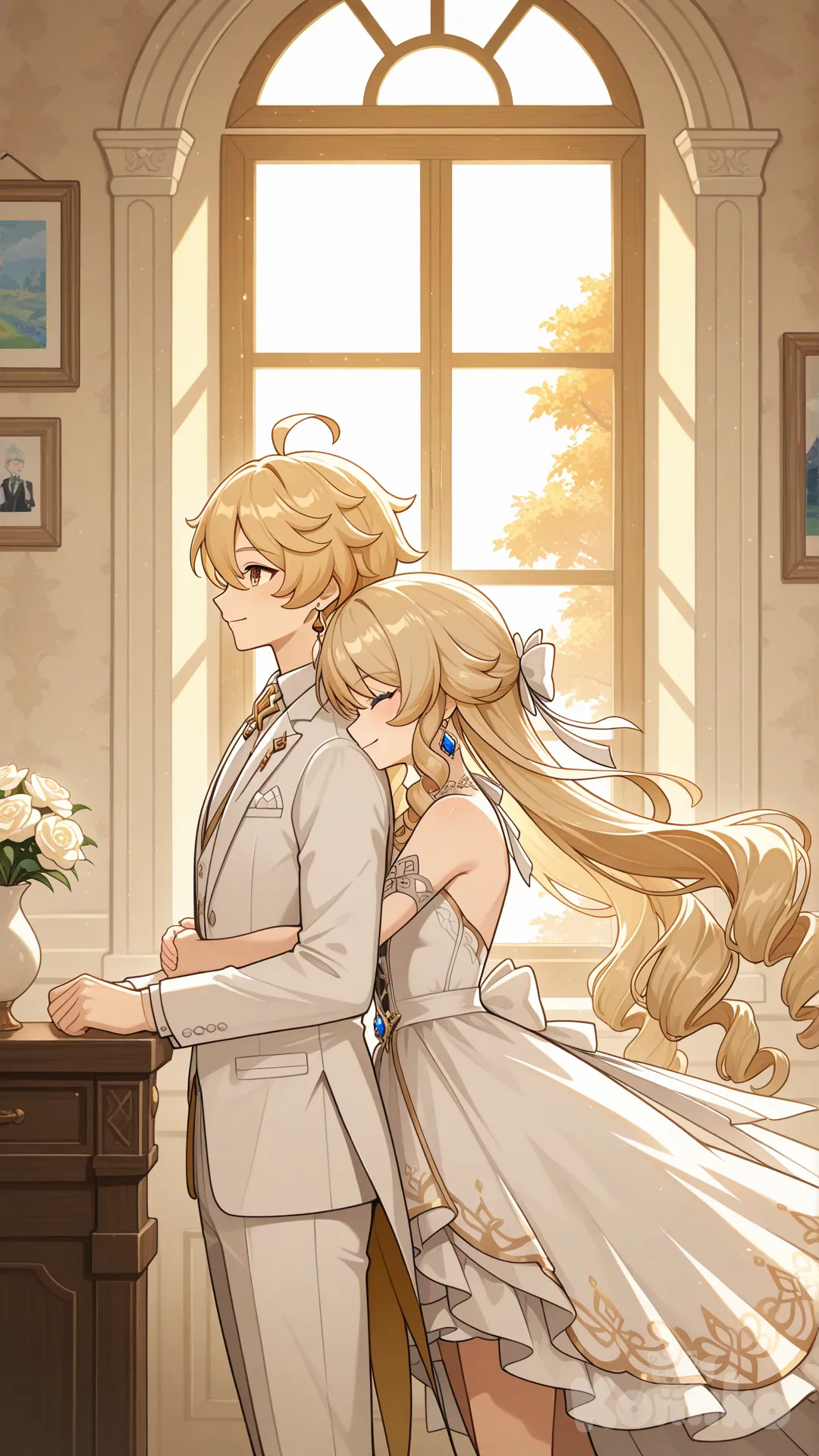 Navia (Genshin Impact) 

Both of them are the wives of Aether (Genshin Impact) 

#white dress for Navia (Genshin Impact)

#white common suite for aether (Genshin Impact)

#A couple's bedroom with off-white interior decor creates a relaxing 

#front view 

# ,from above ,night ,side profile photo , 

#stand in front of the mirror, wake up , relaxed, anime style , bedroom ,sunny moring, relaxed, happyday , anime style , 

They are happy together as a couple, like husband and wife.
She and he stood embracing in front of the window
 aether saw this and happily hugged his wife from behind.