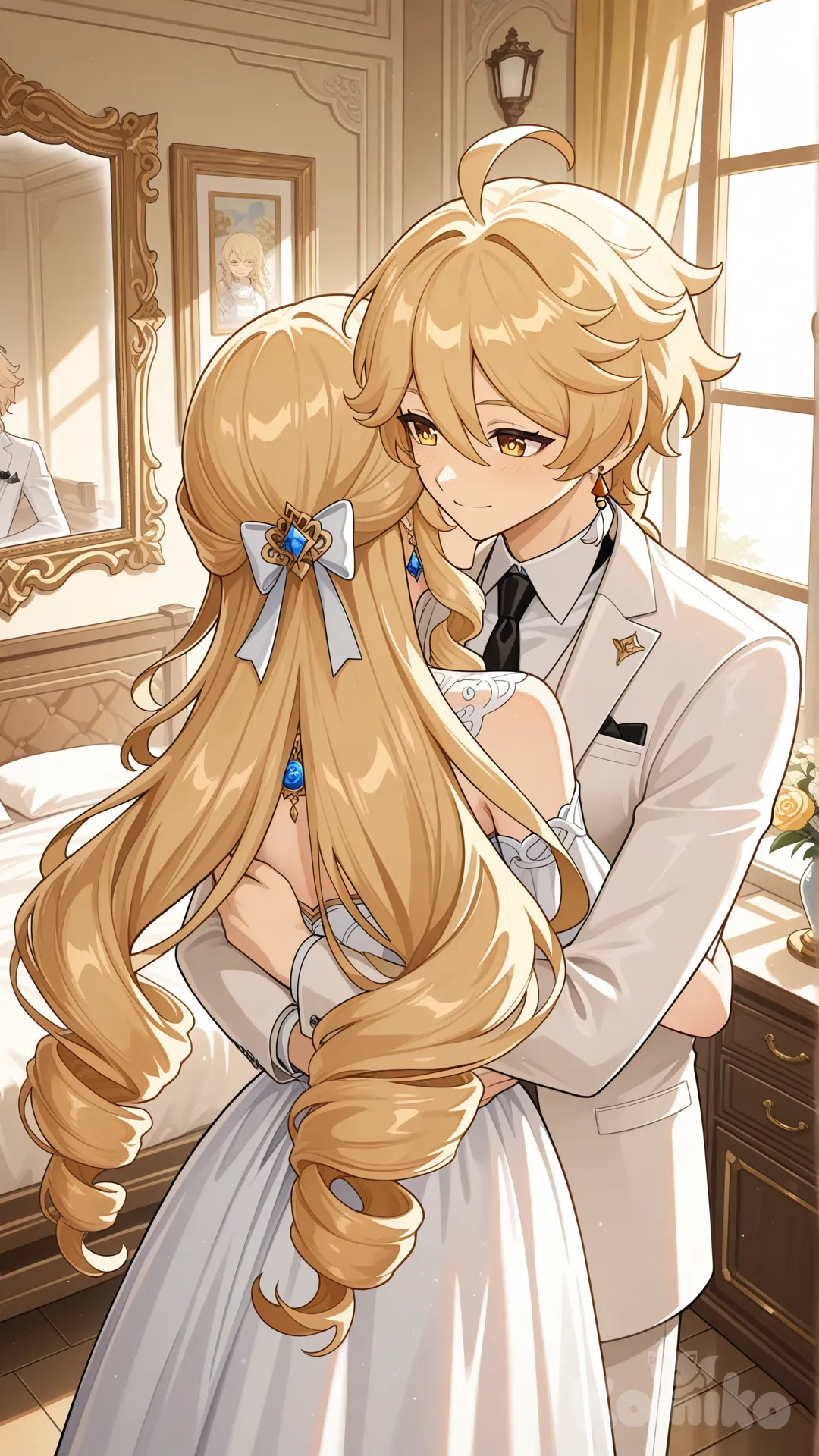 Navia (Genshin Impact) 

Both of them are the wives of Aether (Genshin Impact) 

#white dress for Navia (Genshin Impact)

#white common suite for aether (Genshin Impact)

#A couple's bedroom with off-white interior decor creates a relaxing 

#front view 

# ,from above ,night ,side profile photo , 

#stand in front of the mirror, wake up , relaxed, anime style , bedroom ,sunny moring, relaxed, happyday , anime style , 

They are happy together as a couple, like husband and wife.
She and he stood embracing in front of the window
 aether saw this and happily hugged his wife from behind.