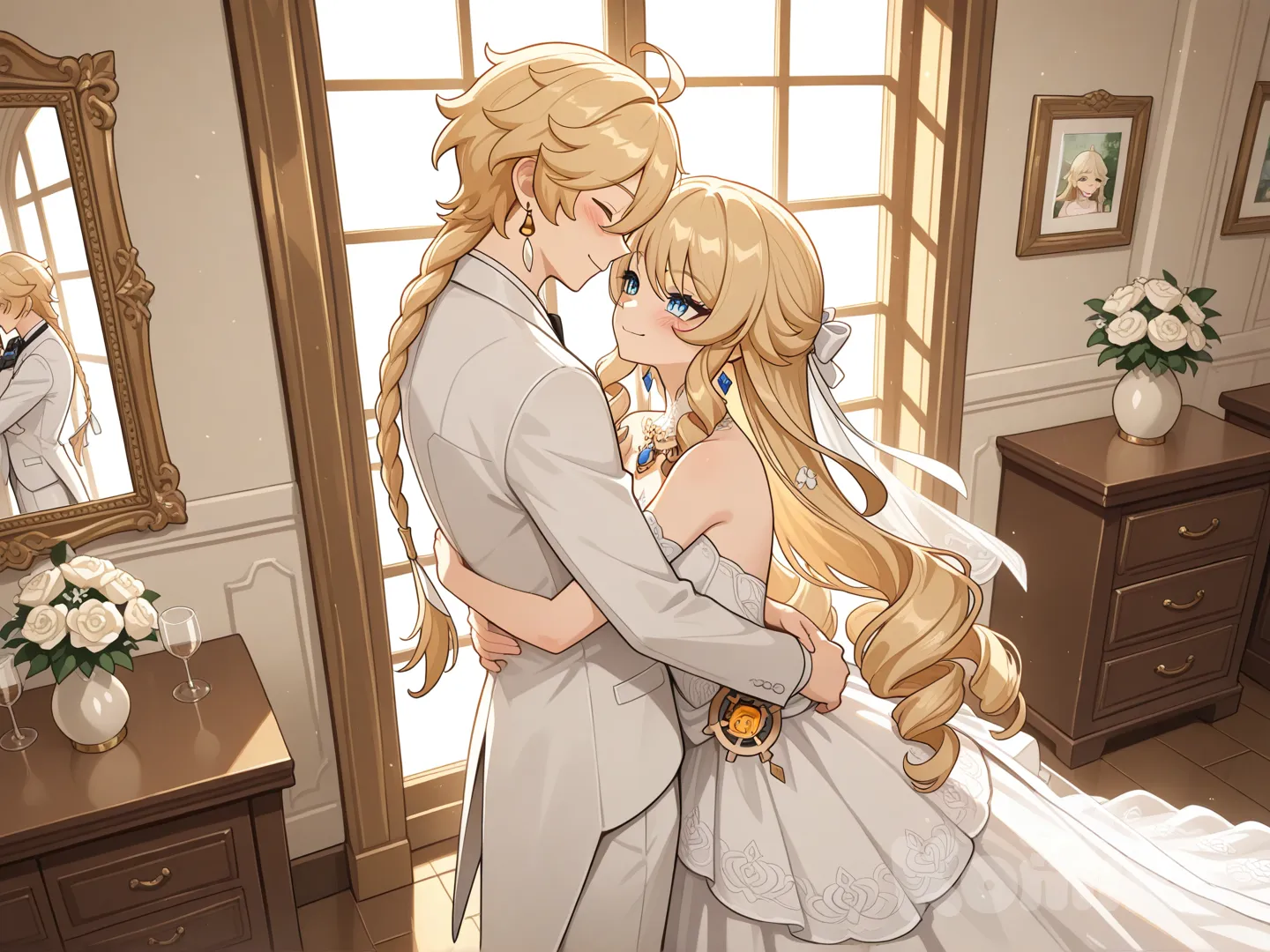 Navia (Genshin Impact) 

Both of them are the wives of Aether (Genshin Impact) 

#after wedding

#white dress for Navia (Genshin Impact)

#white common suite for aether (Genshin Impact)

#A couple's bedroom with off-white interior decor creates a relaxing 

#front view 

#from above ,night ,side profile photo , 

#stand in front of the mirror, wake up , relaxed, anime style , bedroom ,sunny moring, relaxed, happyday , anime style , 

They are happy together as a couple, like husband and wife.
She and he stood embracing in front of the window
 aether saw this and happily hugged his wife from behind.