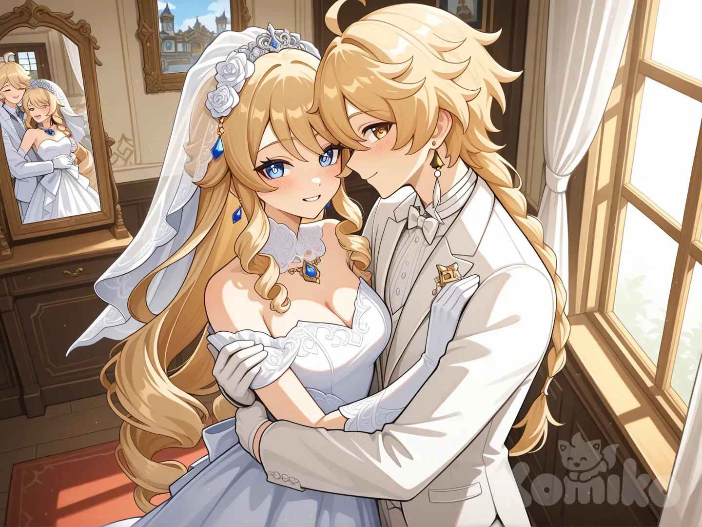 Navia (Genshin Impact)
Both of them are the wives of Aether (Genshin Impact)
#after wedding
#white dress for Navia (Genshin Impact)
#white common suite for aether (Genshin Impact)
#A couple's bedroom with off-white interior decor creates a relaxing
#front view
#from above ,night ,side profile photo ,
#stand in front of the mirror, wake up , relaxed, anime style , bedroom ,sunny moring, relaxed, happyday , anime style ,
They are happy together as a couple, like husband and wife.
She and he stood embracing in front of the window, watching the many guests who had arrived at their post-wedding celebration.
aether saw this and happily hugged his wife from behind.