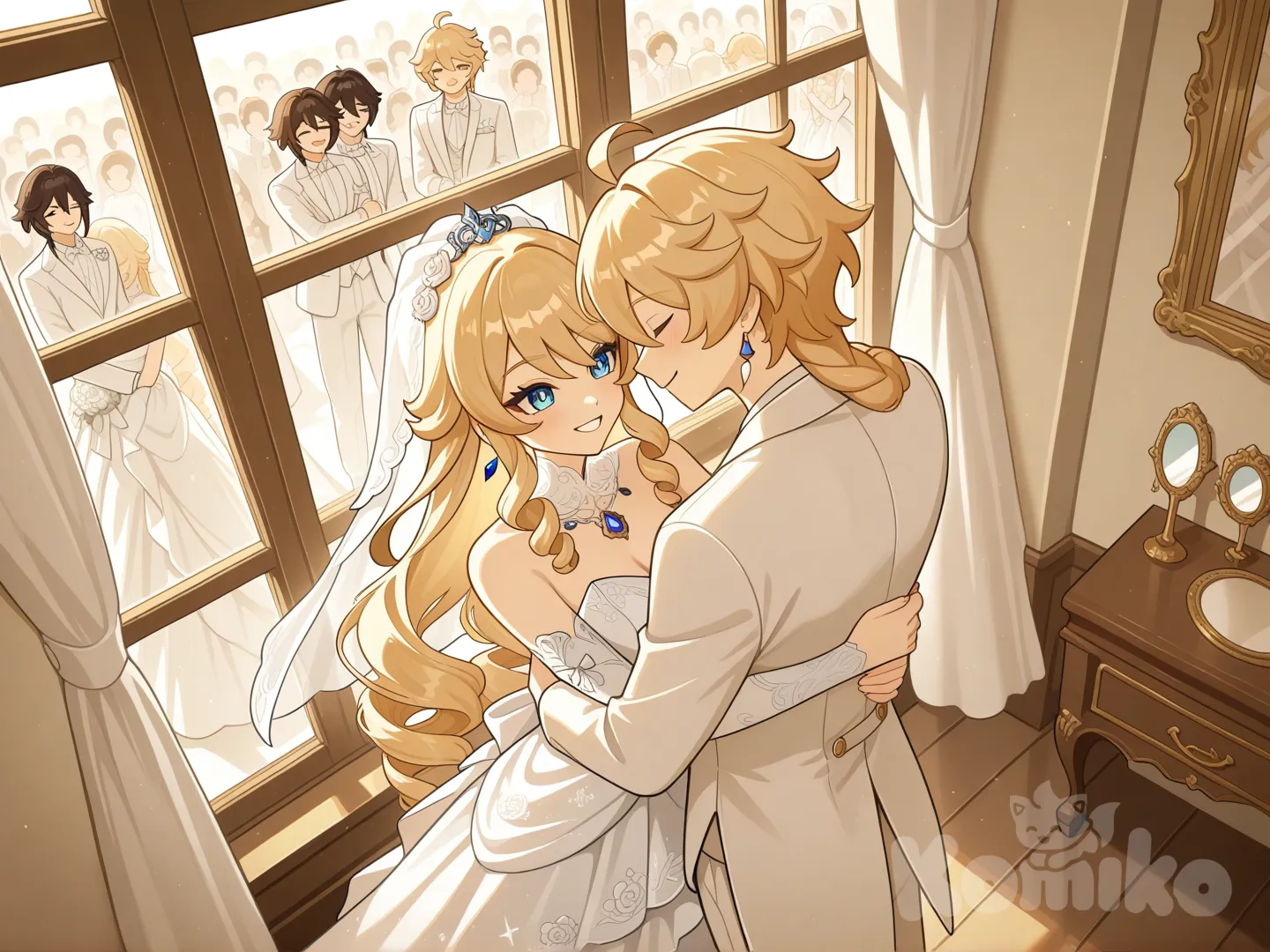 Navia (Genshin Impact) 

Both of them are the wives of Aether (Genshin Impact) 

#after wedding

#white dress for Navia (Genshin Impact)

#white common suite for aether (Genshin Impact)

#A couple's bedroom with off-white interior decor creates a relaxing 

#front view 

#from above ,night ,side profile photo , 

#stand in front of the mirror, wake up , relaxed, anime style , bedroom ,sunny moring, relaxed, happyday , anime style , 

They are happy together as a couple, like husband and wife.
She and he stood embracing in front of the window, watching the many guests who had arrived at their post-wedding celebration.
 aether saw this and happily hugged his wife from behind.