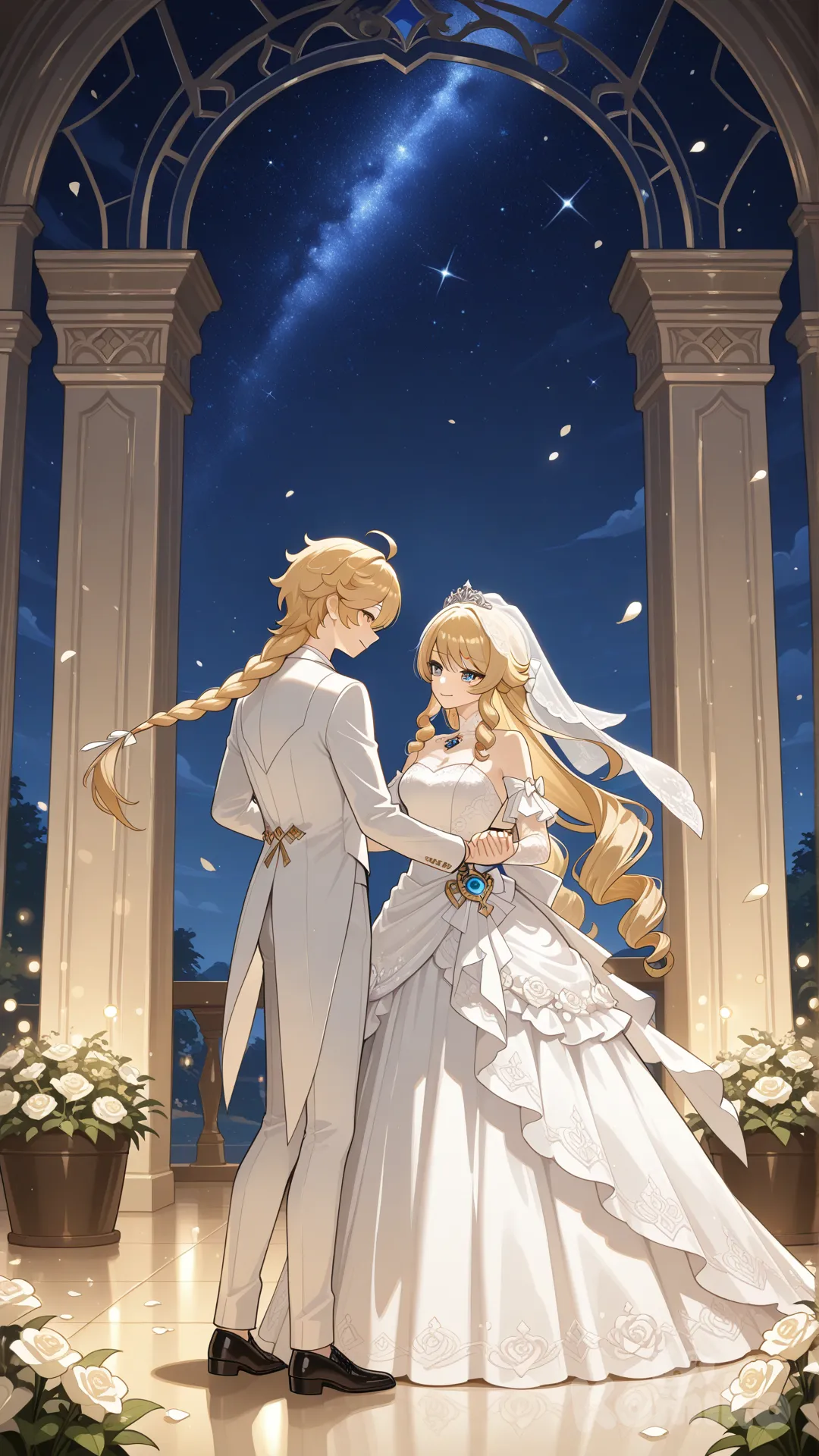#Navia (Genshin Impact) white wedding dress 

#aether (Genshin Impact) white wedding suite 

#dance after wedding

#A dance floor in the flower garden on the wedding day.

# ,beautyfull night , moonlight starlight day