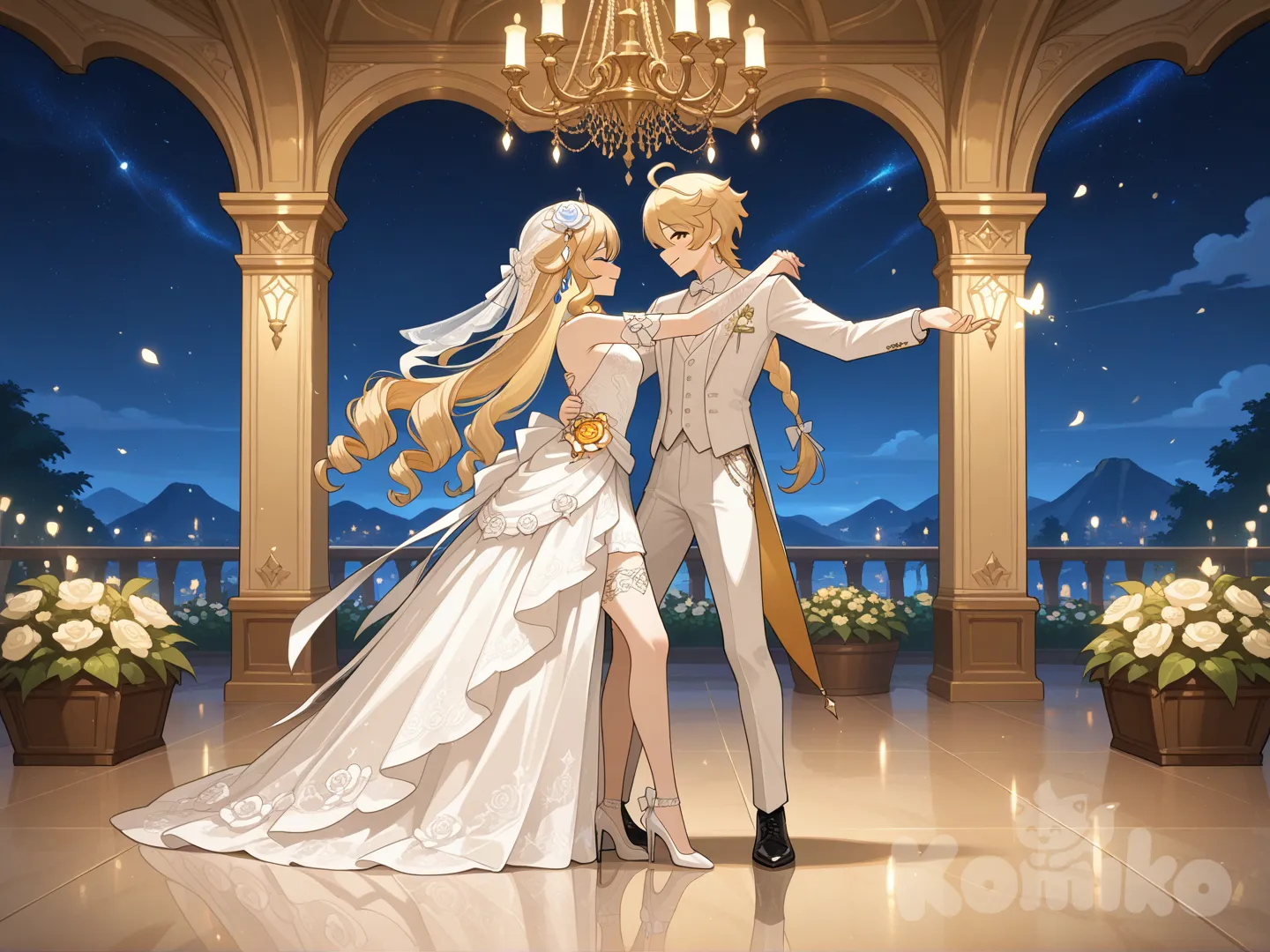 #Navia (Genshin Impact) white wedding dress
#aether (Genshin Impact) white wedding suite
#dance after wedding
#A dance floor in the flower garden on the wedding day.
# ,beautyfull night , moonlight starlight day