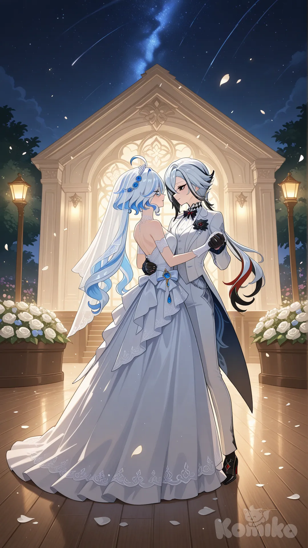 #@Furina_(Genshin_Impact) white wedding dress
#@Arlecchino_(Genshin_Impact) white wedding suite
#dance after wedding
#A dance floor in the flower garden on the wedding day.
# ,beautyfull night , moonlight starlight day