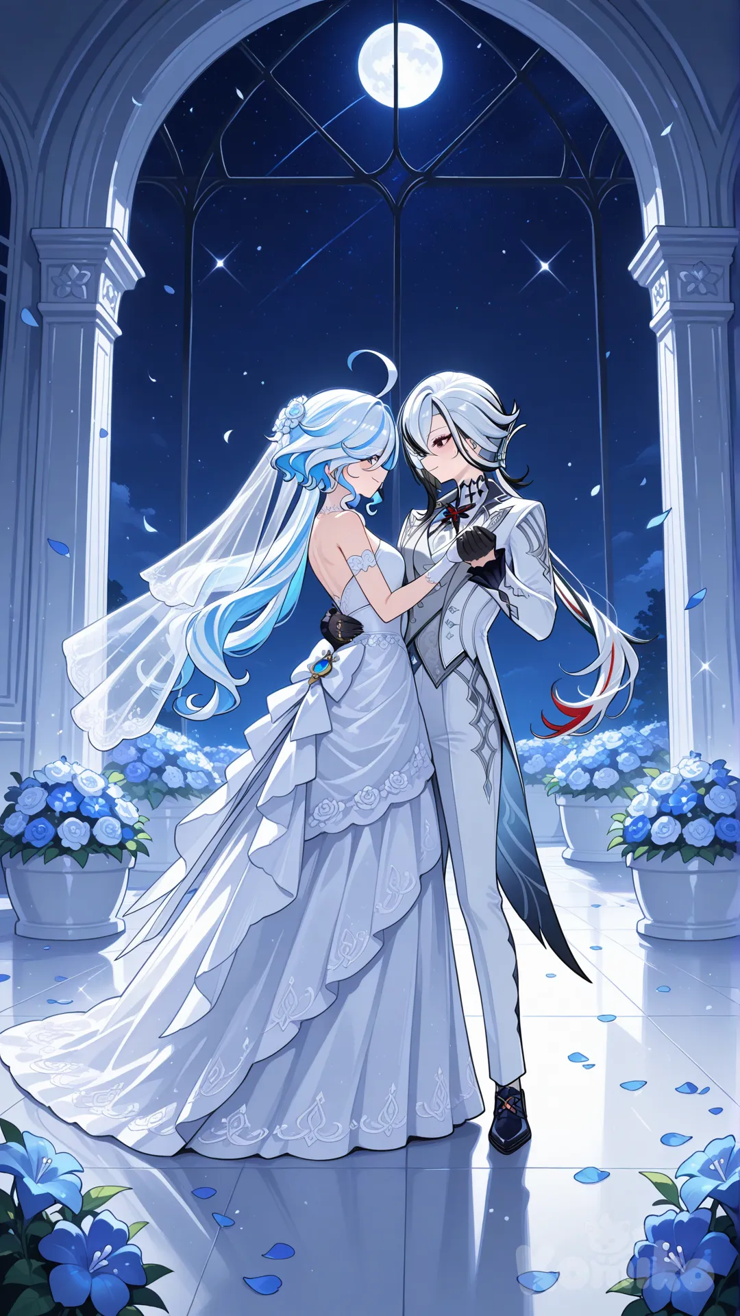 #@Furina_(Genshin_Impact) white wedding dress #@Arlecchino_(Genshin_Impact) white wedding suite #dance after wedding #A dance floor in the flower garden on the wedding day. # ,beautyfull night , moonlight starlight