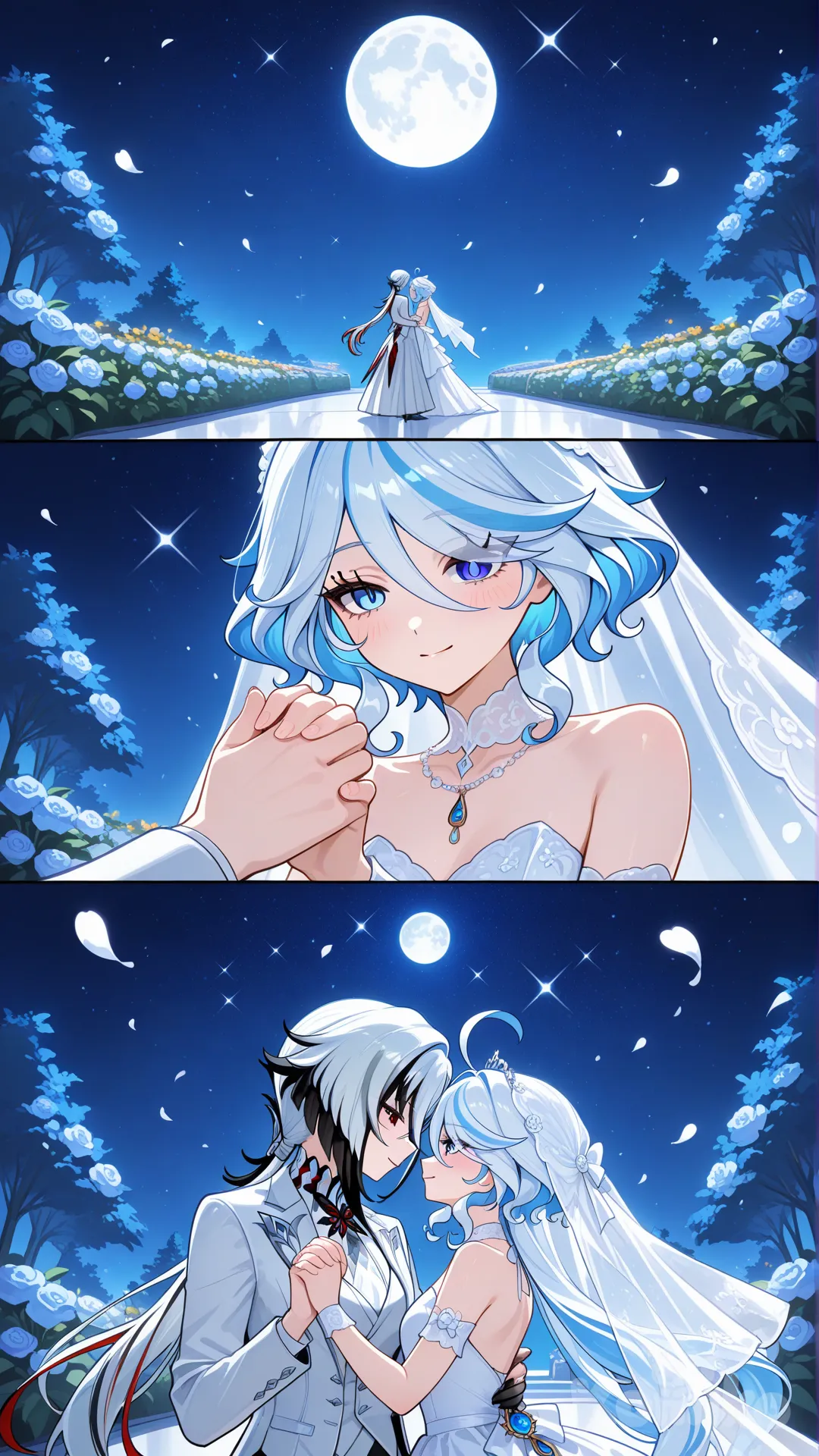 #@Furina_(Genshin_Impact) white wedding dress #@Arlecchino_(Genshin_Impact) white wedding suite #dance after wedding #A dance floor in the flower garden on the wedding day. # ,beautyfull night , moonlight starlight