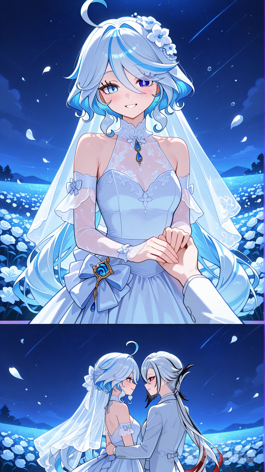 #@Furina_(Genshin_Impact) white wedding dress #@Arlecchino_(Genshin_Impact) white wedding suite #dance after wedding #A dance floor in the flower garden on the wedding day. # ,beautyfull night , moonlight starlight