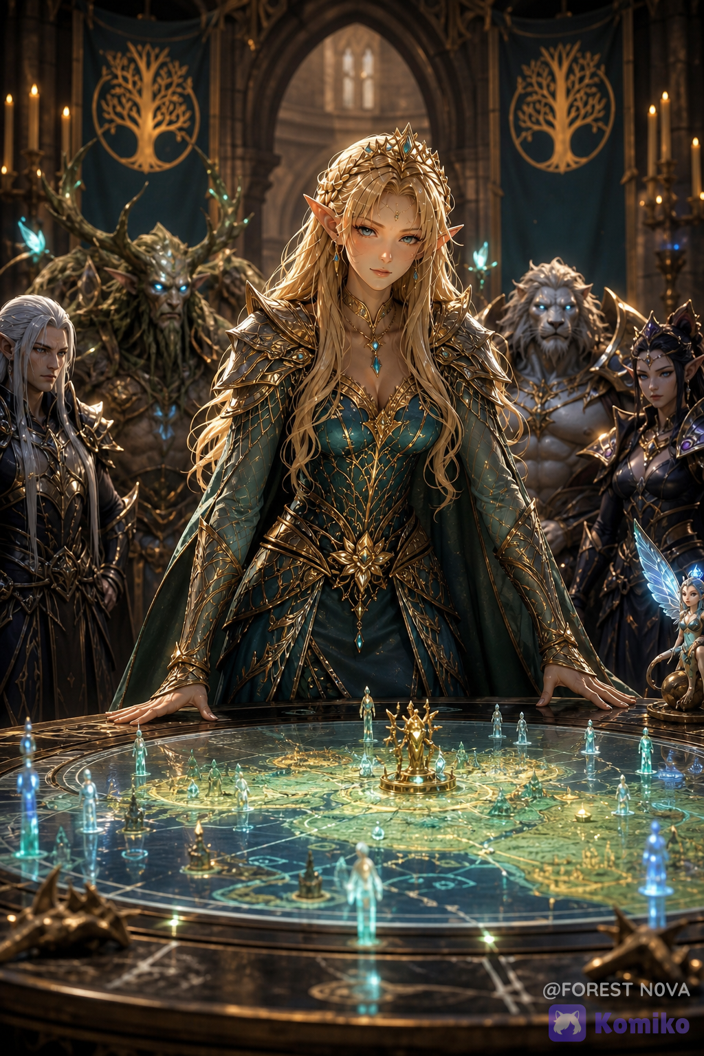 @naevira-YBWZ put her in a royal battle dress that symbolizes her rank, title and status as the last royal of her kind. Sitting around a war table fit for a mystical fantasy setting leading mystical creatures and races into battle against the evil human kings forces. She looks fierce with a beauty and aura that commands respect from those around her., [3d-anime-style]